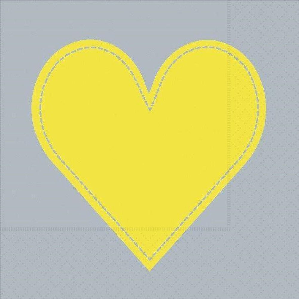 Paper+Design Papierserviette 20 LUNCH SERVIETTEN 33x33cm. Gelbes Herz auf grau/HEART YELLOW/GREY