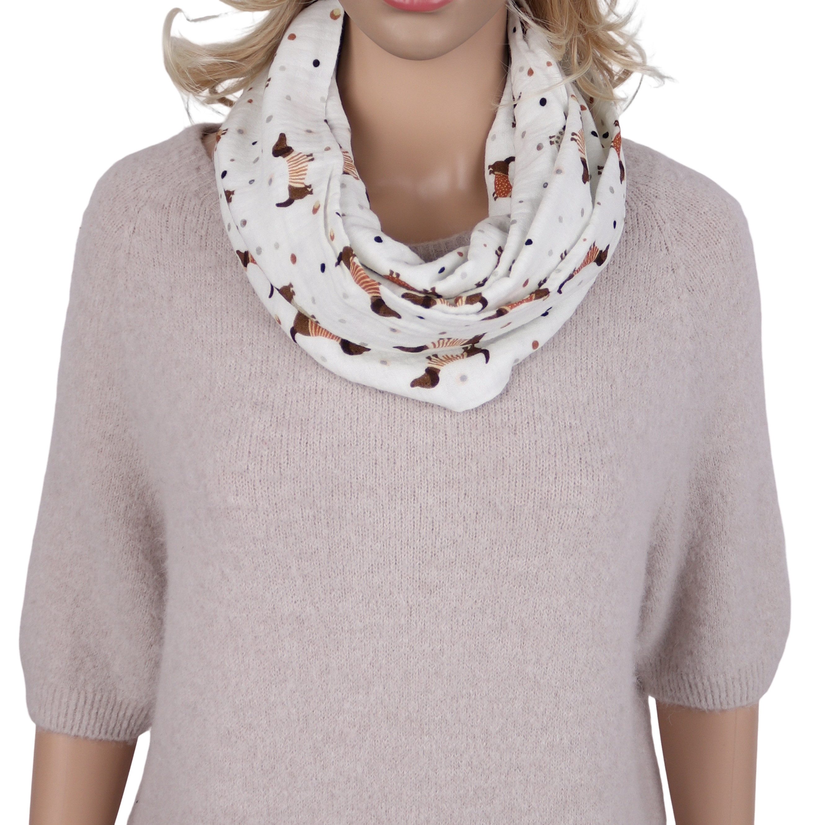 MIRROSI Loop Damen Schal aus Musellin, Made in Italy 70x20cm, Dackel, Schlauchschal, (Zweimal um den Hals wickelbar, ca.70x20cm), Damen Halstuch ideal für Frühling, Sommer oder Herbst