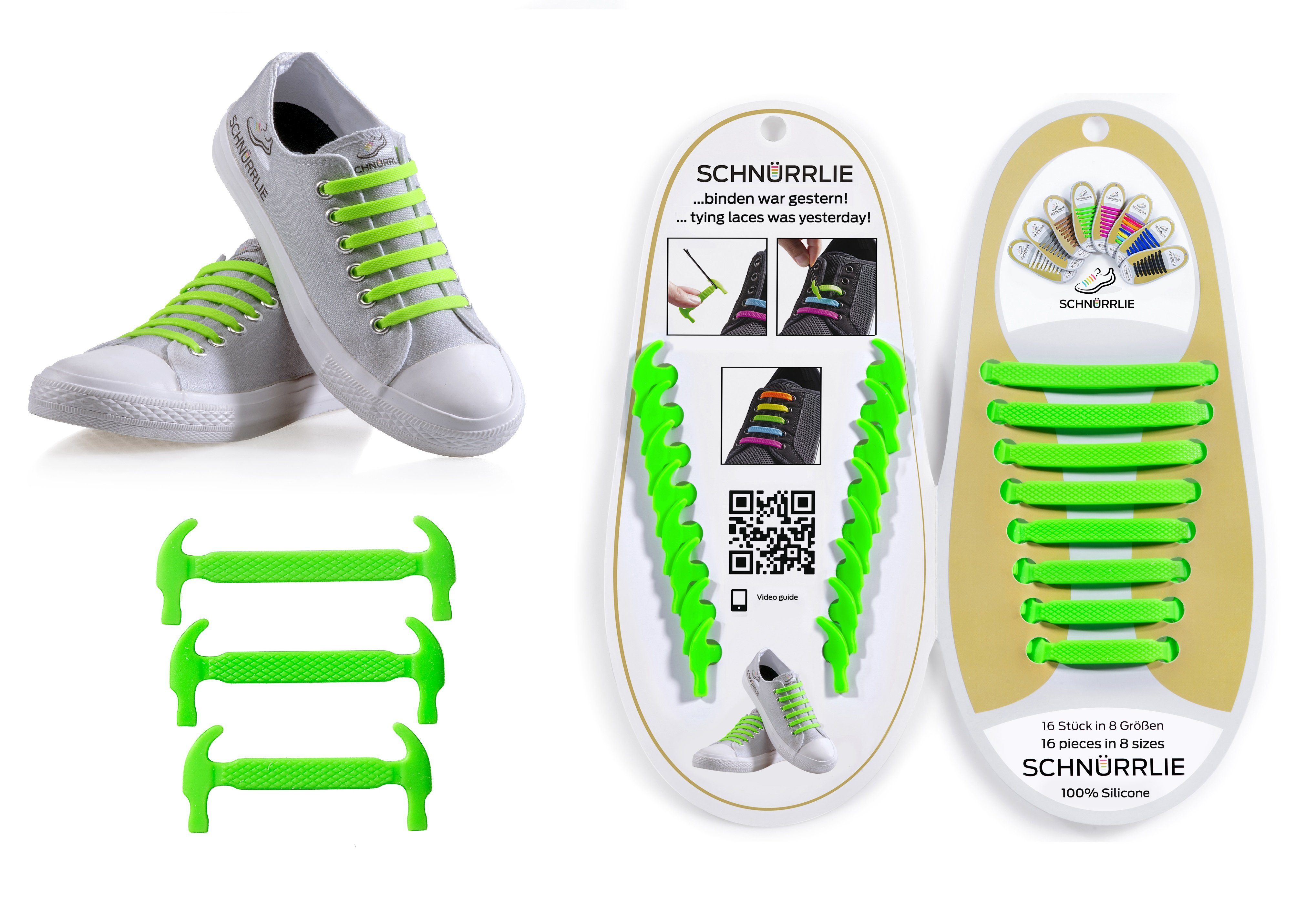 SCHNÜRRLIE Schnürsenkel Silikon Schnürbänder - elastische flache Laces, für Sneaker, Turnschuhe, Sportschuhe uvm Grün