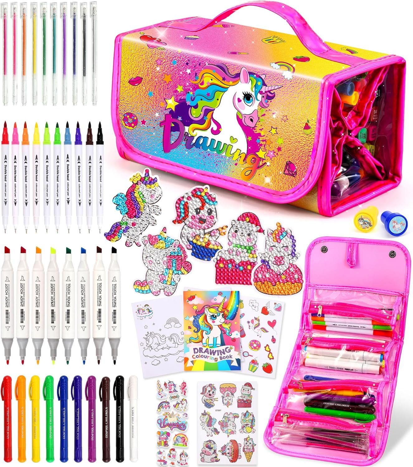 POPOLIC Filzstift Filzstifte Kinder Einhorn Geschenke für Mädchen, Malset für Kinder, (mit Glitzerstifte Buntstifte Malbuch Doppelmarker Einhorn Federmäppchen), mit Diamant Aufklebern Federmäppchen Mädchen