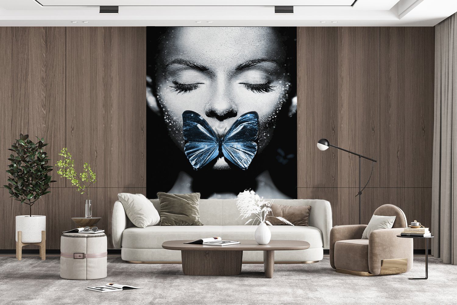für Schmetterling Fototapete Tapete - bedruckt, Weiß, Matt, MuchoWow - - Wandtapete Montagefertig Schwarz Frau St), Vinyl Wohnzimmer, (3