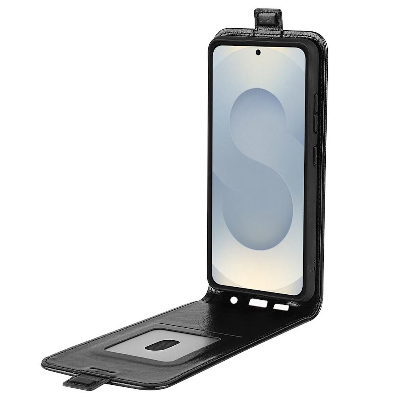 Wigento Handyhülle Für Samsung Galaxy S25 Edge Vertikale Flip Schutz Tasche Hülle Schwarz, Vertikales Flip Kunst-Leder Handyhülle mit Kartenfach