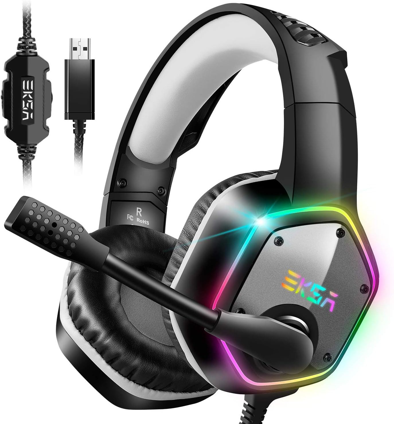 EKSA USB mit Mikrofon und Surround Sound Gaming-Headset (Dieses Gaming Headset bietet immersiven Surround Sound für ein realistisches und intensives Spielerlebnis, RGB Over-Ear Kopfhörer für PC PS4 PS5 mit Noise Cancelling Mikrofon)