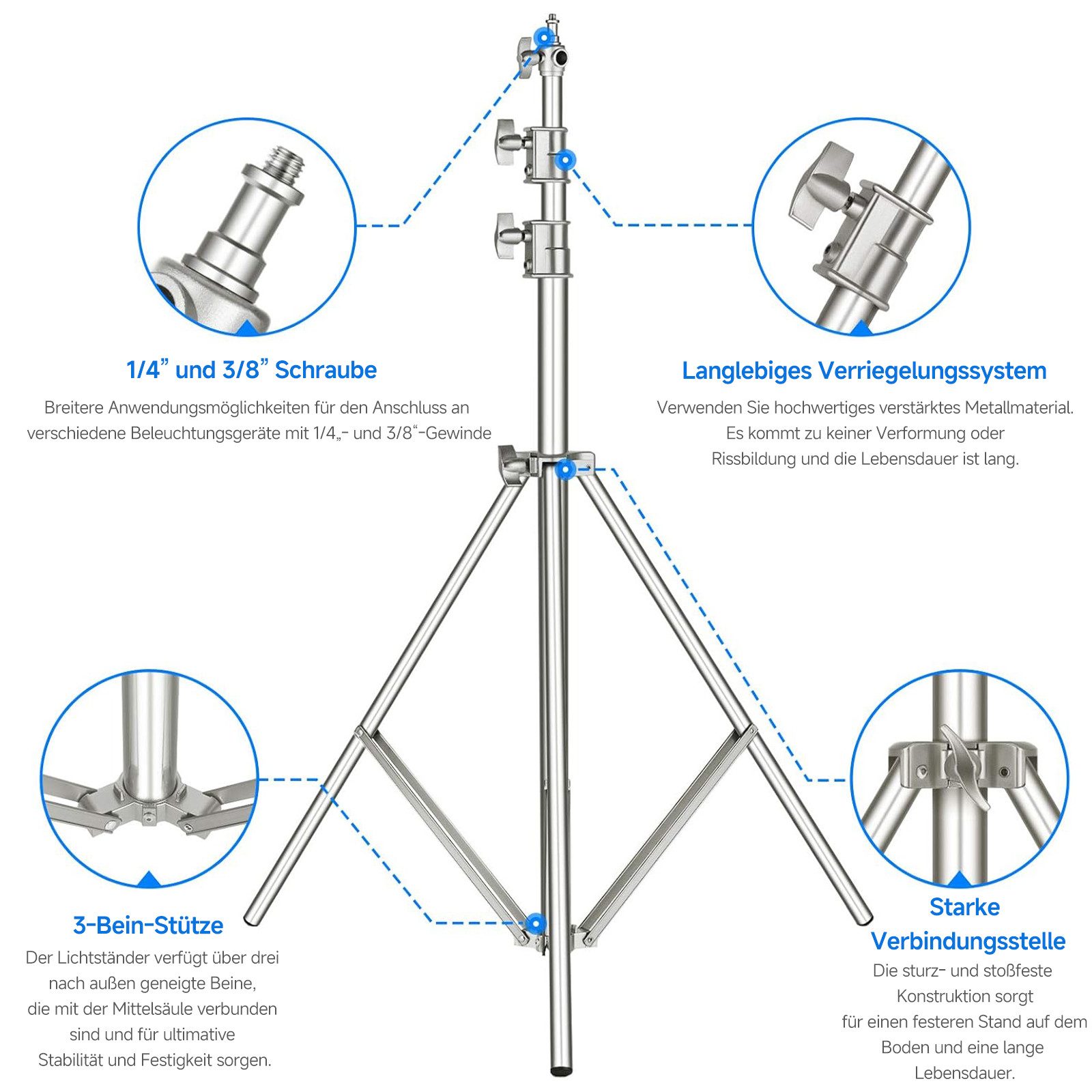 Neewer ST-300SS 3m Edelstahl Lichtständer, Schwerlast, Luftgefedert Lampenstativ (Höhenverstellbar 108-300 cm, für Videoleuchte Ringlicht Softbox)