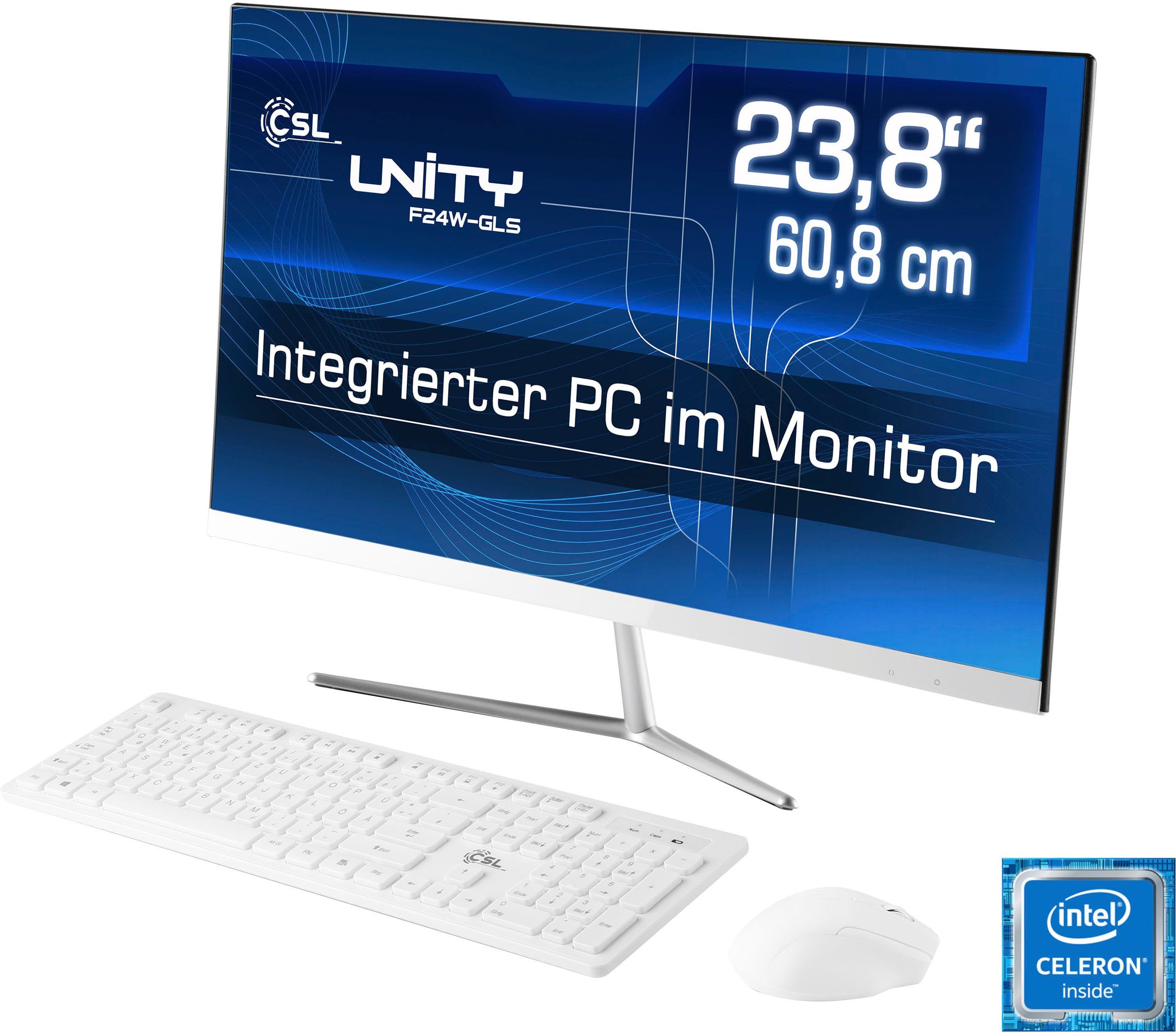 (23,8 N4120, PC Unity SSD) Zoll, 256 16 Pro UHD All-in-One 600, 10 Intel GB Graphics F24-GLS RAM, CSL weiß Celeron mit GB Windows