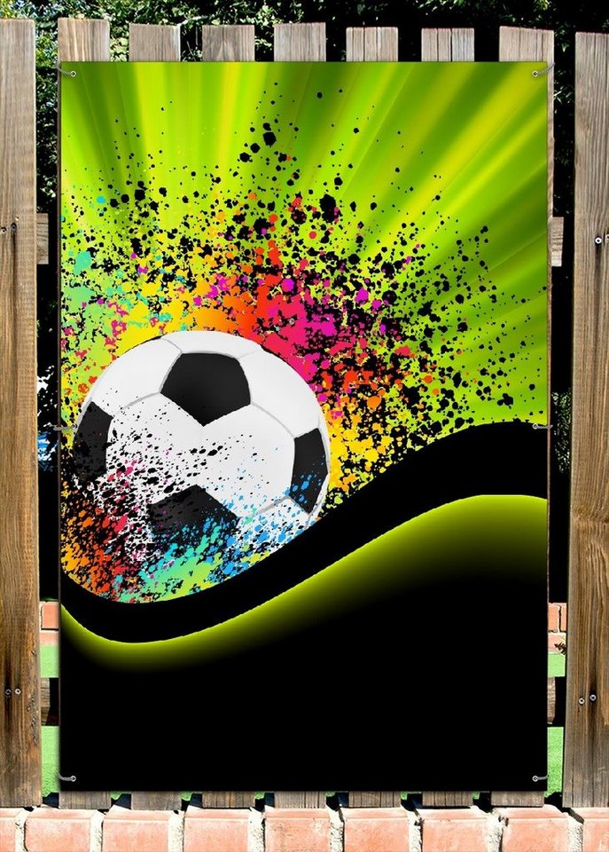 Thumbnail - Wallario Sichtschutzzaunmatten Fußball - Design Wellen und Regenbogen in grün