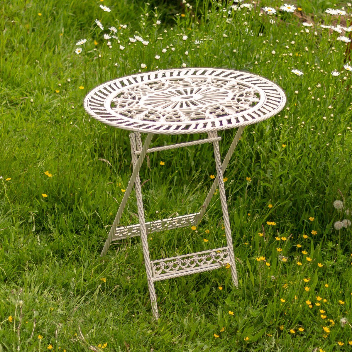 Antikas Gartenfigur Klapptisch viktorianischer Stil, Gartentisch Metall, Terrassentisch