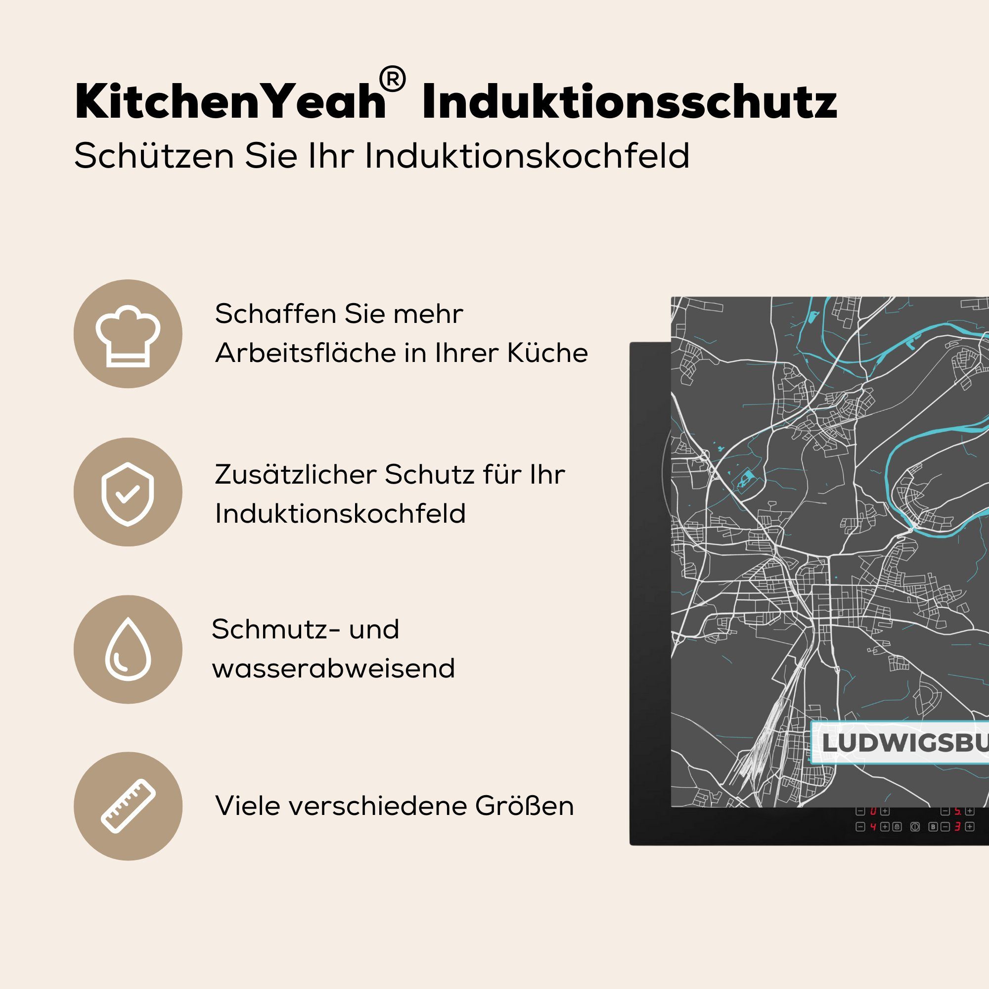 - Arbeitsplatte 78x78 küche Deutschland Vinyl, für (1 MuchoWow tlg), Ceranfeldabdeckung, - - Herdblende-/Abdeckplatte cm, Stadtplan Ludwigsburg Karte,