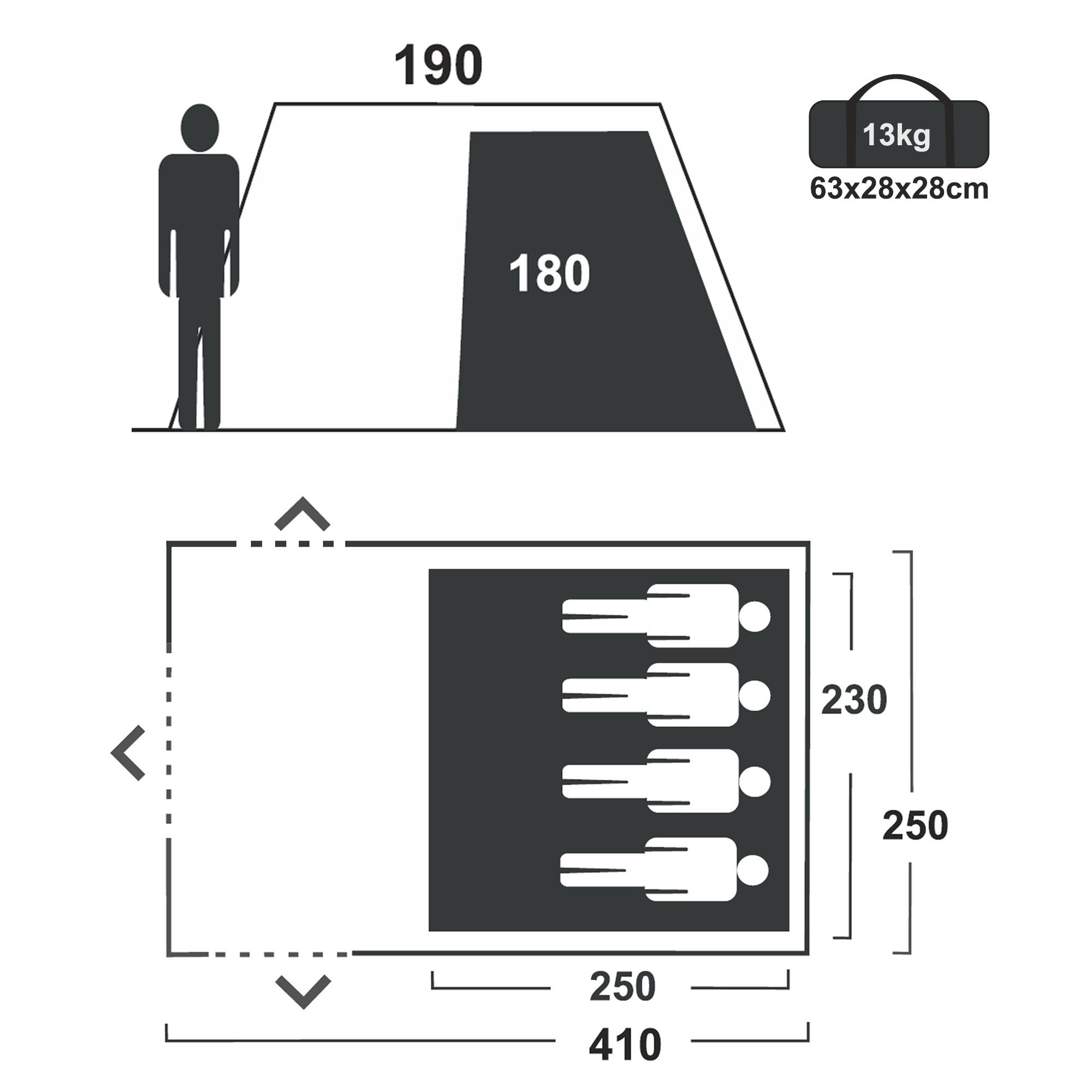 yourGEAR Tunnelzelt yourGEAR Zelt Bora 4 Personen Tunnelzelt Familienzelt Stehhöhe 5000mm, Personen: 4