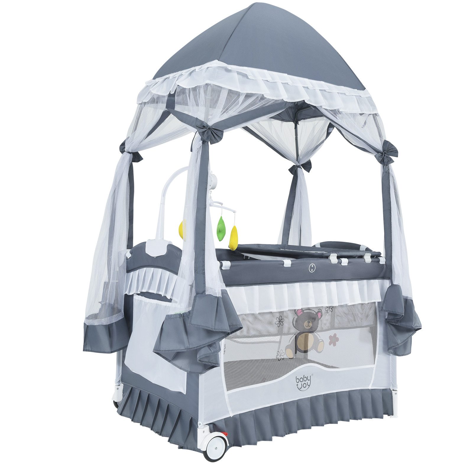 COSTWAY Kinderbett Reisebett, Babybett mit abnehmbarem Baldachin, Wickelauflage, faltbar