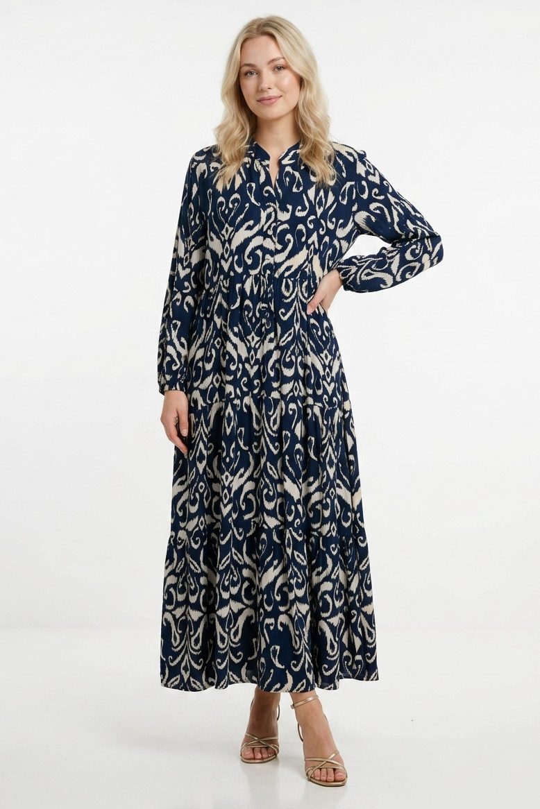 Kendindza Collection Sommerkleid Sommerkleid Damen Lang Viskose Elegantes Maxikleid lang Maxi Kleid Ikat-Print Knopfleiste & Schnurbund, Luftig Leicht