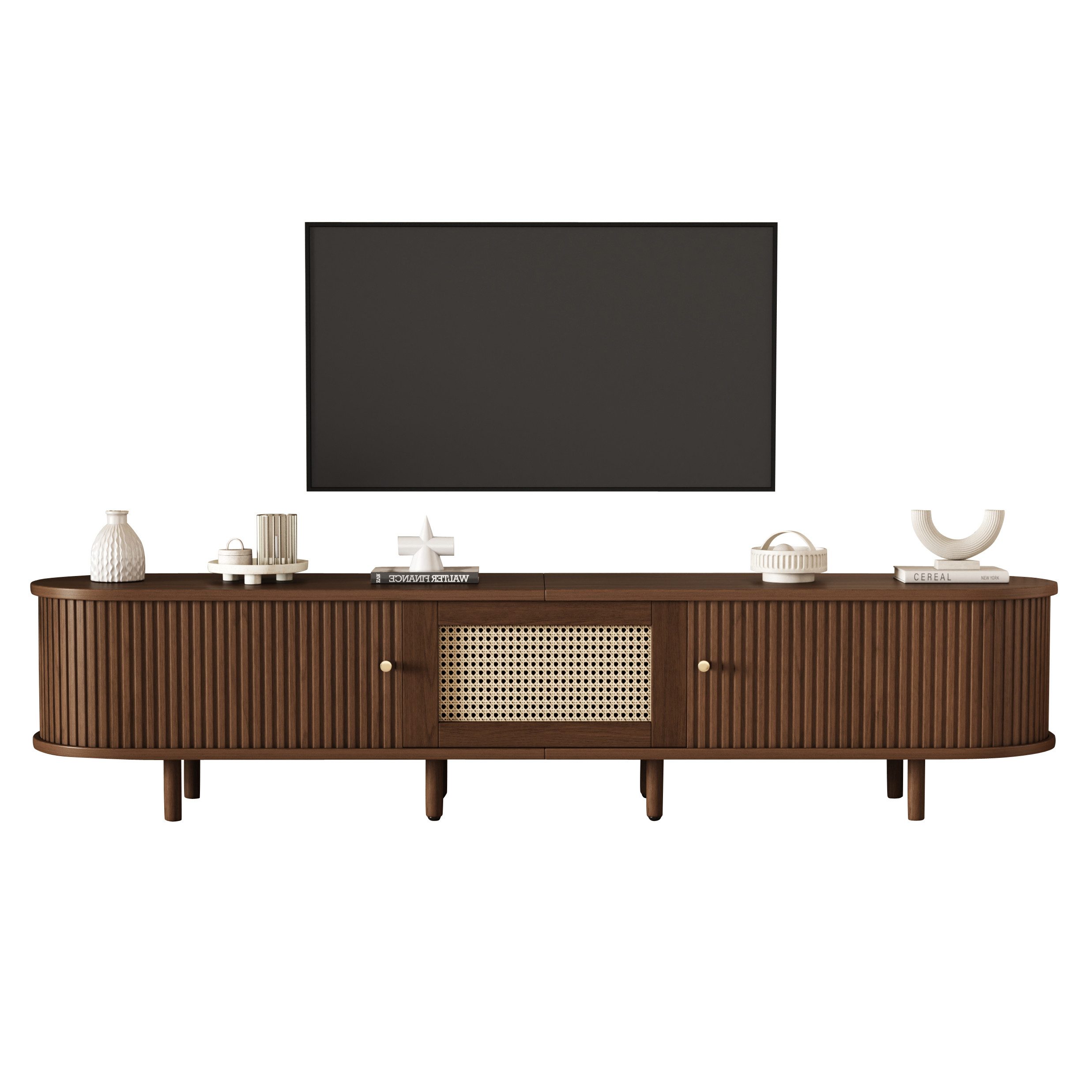 Merax Lowboard Ovaler TV-Schrank mit goldenen Griffen & Rattan-Design in Walnuss (1 St., 180x40x40 cm), TV-Lowboard mit Schublade Schiebetüren & verstellbaren Massivholzfüßen