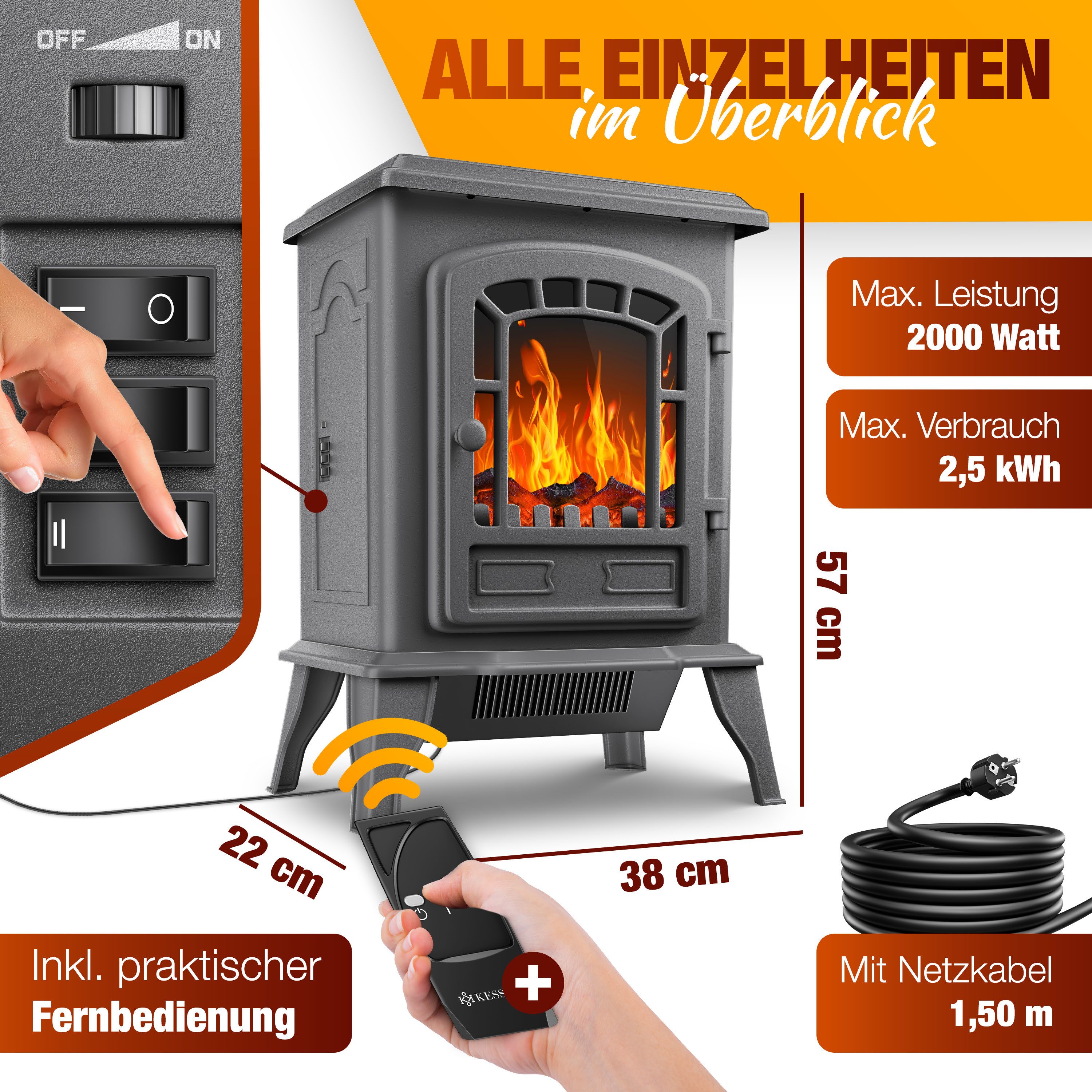KESSER Elektrokamin 2 in 1, Heizfunktion, 3D Kaminfeuer-Effekt, mit zwei Heizstufen, Sicherheitsabschaltung, Thermostat Regler