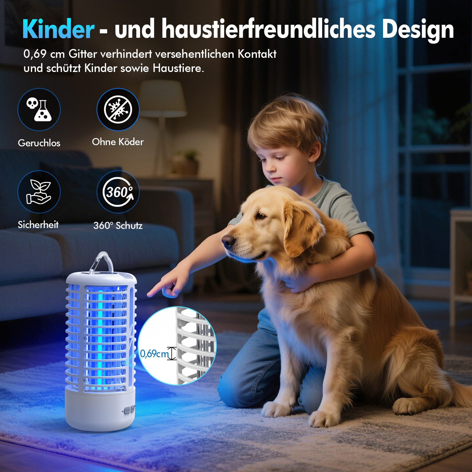 ANYSUN Insektenvernichter elektrisch mit LED Lampe, 4000mAh Akku – UV Mückenlampe & Fliegenfalle, Insektenlampe für Innen