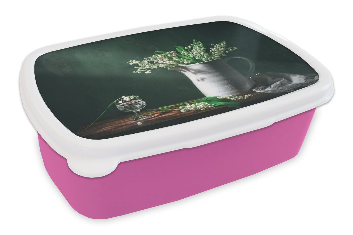 MuchoWow Lunchbox Maiglöckchen - Dose - Stilleben, Kunststoff, (2-tlg), Brotbox für Erwachsene, Brotdose Kinder, Snackbox, Mädchen, Kunststoff rosa