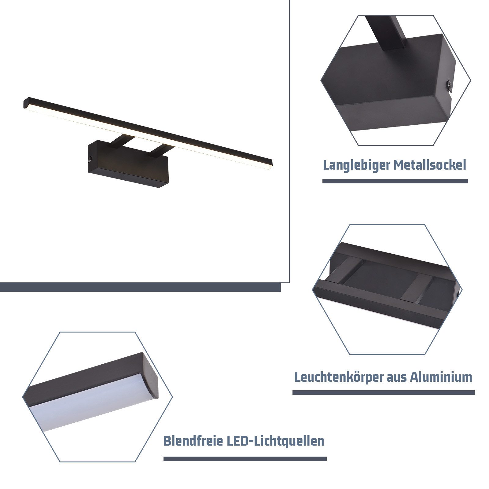 Glitzerlife Spiegelleuchte Badezimmer Wandleuchte LED – 13W Matt Schwarz Modern 60cm Spiegellampen 4000K Neutralweiß Beleuchtung Für Küche Flur Veranda Wohnzimmer_voghion.com