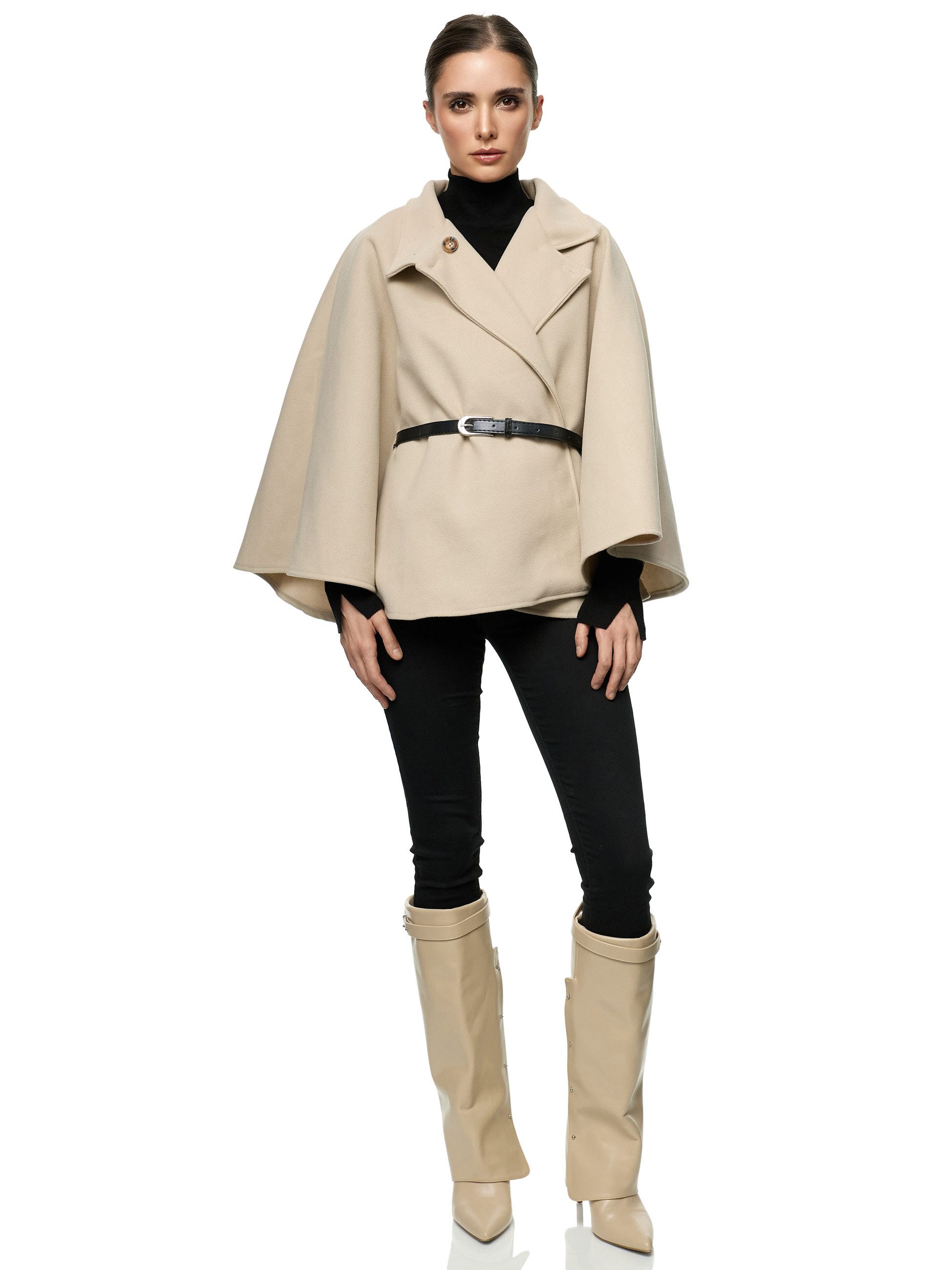 Worldclassca Poncho Worldclassca Poncho Crop Jacke Elegant Umhang Rollkragen mit Gürtel Neue Kollektion - Stilvolle und gemütliche Mode für Damen