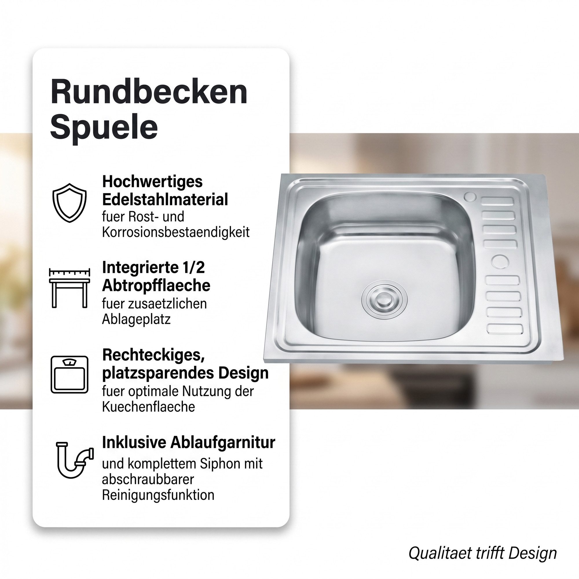 Mucola Einbauspüle Spülbecken Einbauspüle Küchenspüle 60CM Edelstahl Waschbecken + Ablage, Rechteckig, 60/50 cm, Edelstahl gebürstet, (Stück, 1 St., Premium-Spülbecken), Anti-Kondensbeschichtung
