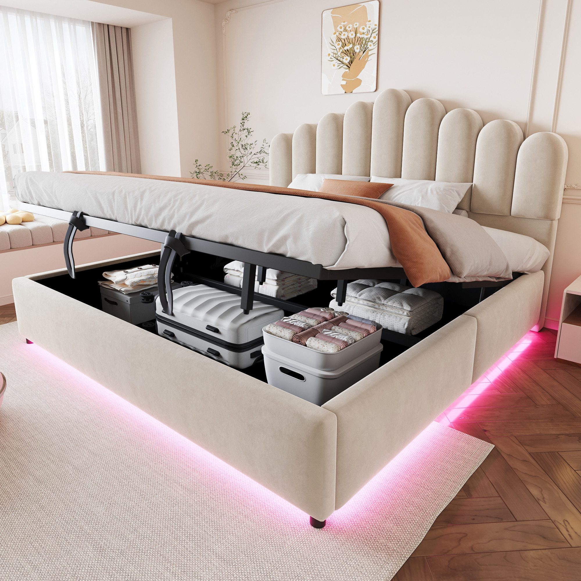 Merax Polsterbett mit LED-Beleuchtung, Stauraumbett aus Samt (1-tlg), Doppelbett 180x200cm mit hydraulischem Bettkasten,voluminösem Kopfteil