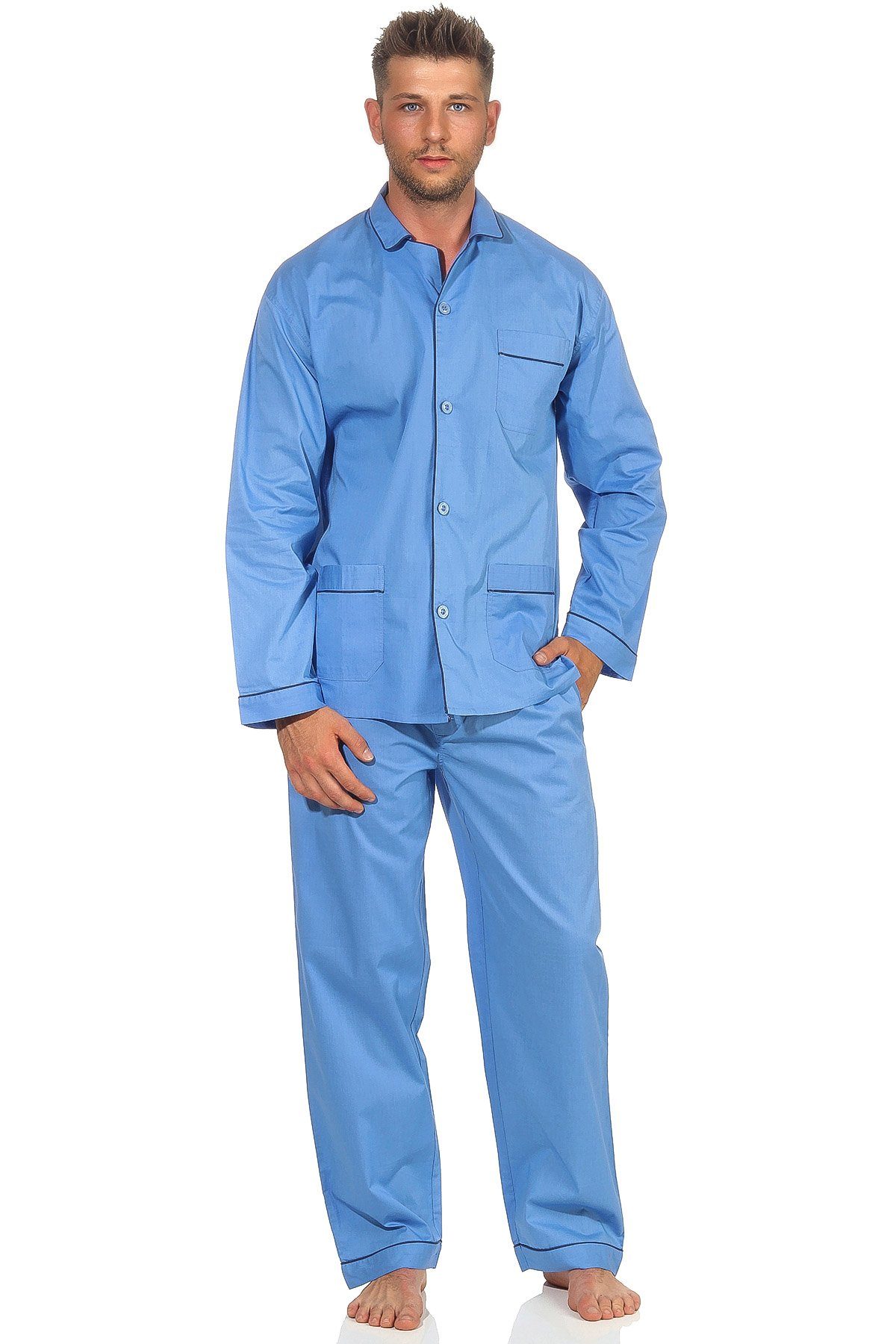Normann Pyjama Klassischer Herren Pyjama gewebt mit durchknöpfbarem Obertei günstig online kaufen
