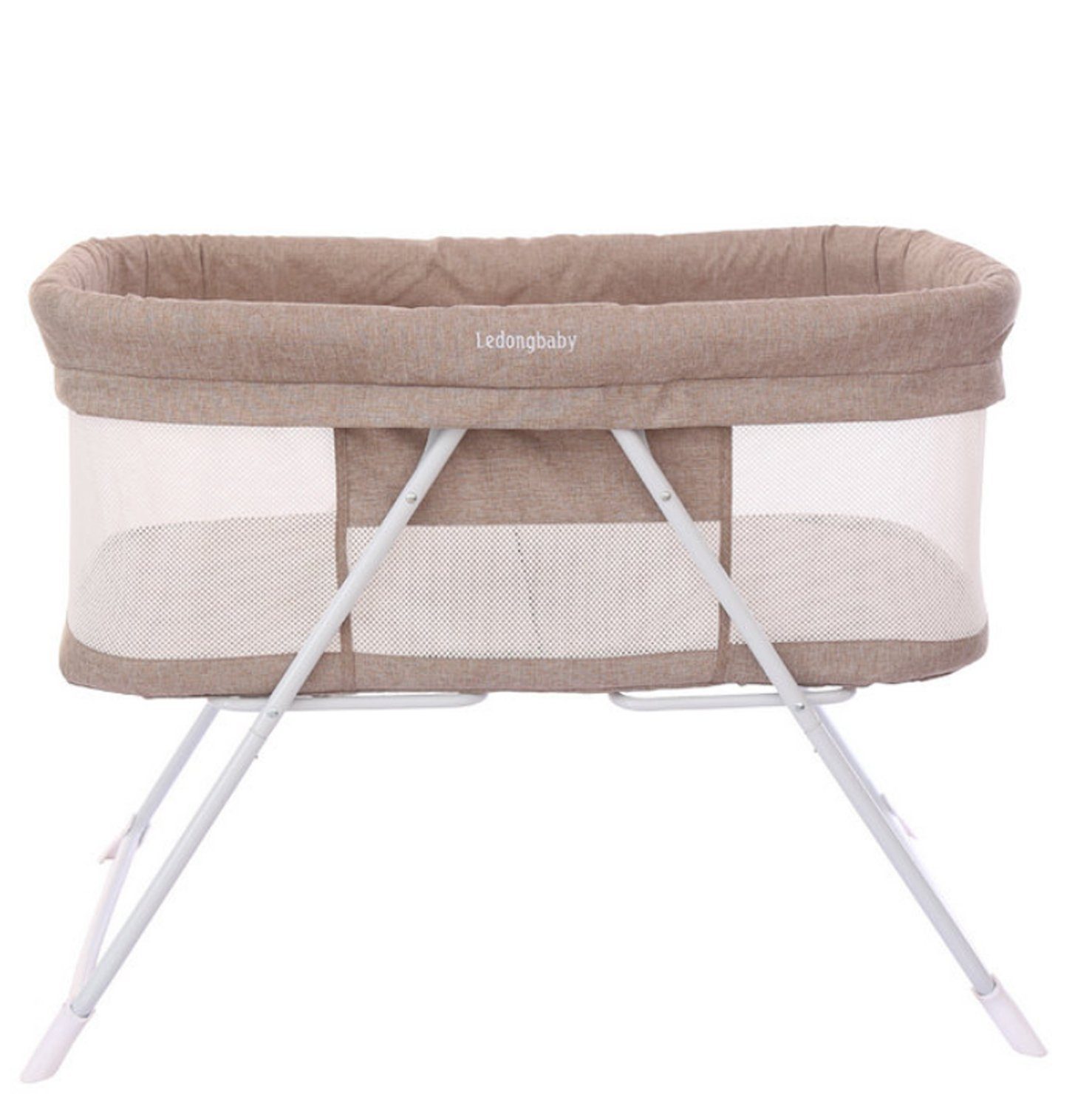 TPFLiving Beistellbett Babybett Babywiege Reisebett mit Moskitonetz, Babybett mit Aufbewahrungskorb und Mückenschutz und Wiegefunktion Beige