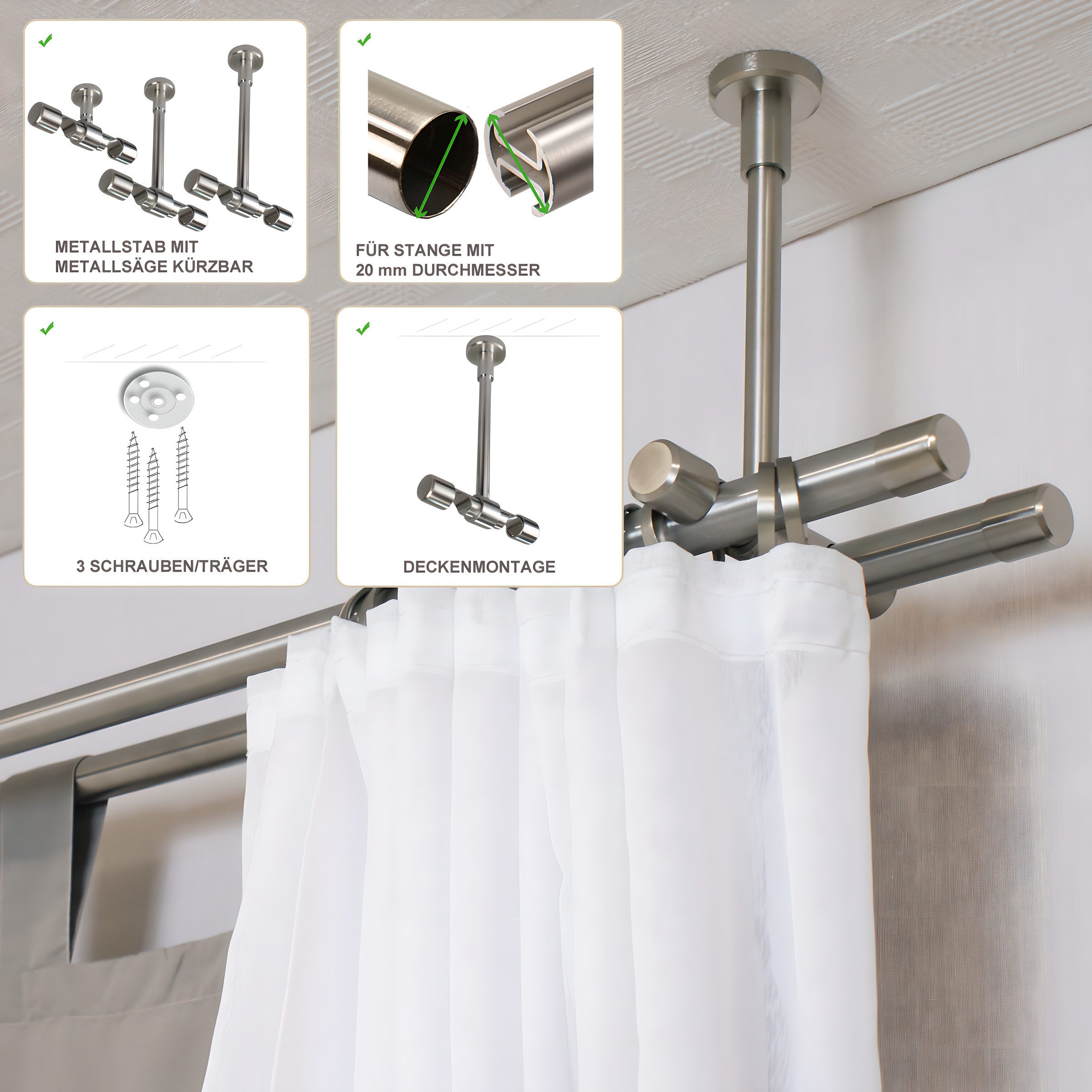 iso-design Deckenträger für Gardinenstangen Deckenhalter 20 mm 2-läufig mit großem Deckenabstand, Träger kürzbar, 20 mm Gardinenstangen, Deckenabstand mit Metal – Bild 4 von 5