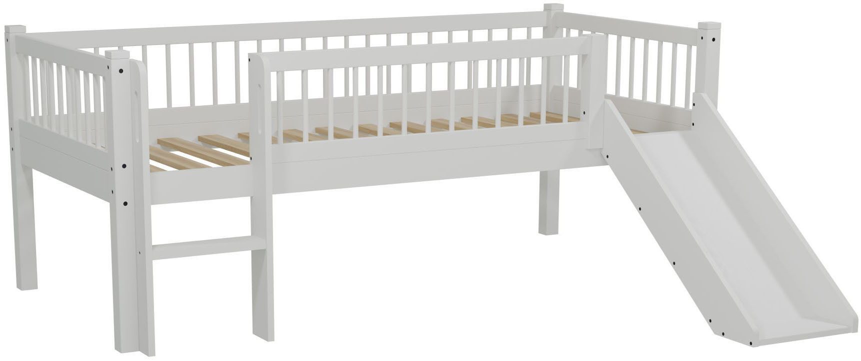 Vipack Massivholzbett Forrest Massivholzbett Made in Europe, stabil und hochwertig gebaut (90/200 cm, mit Rollrost, Leiter und Rutsche, seitenverkehrt montierbar), inkl. umlaufenden Absturzschutz in Sprossenoptik, Buche weiß lackiert