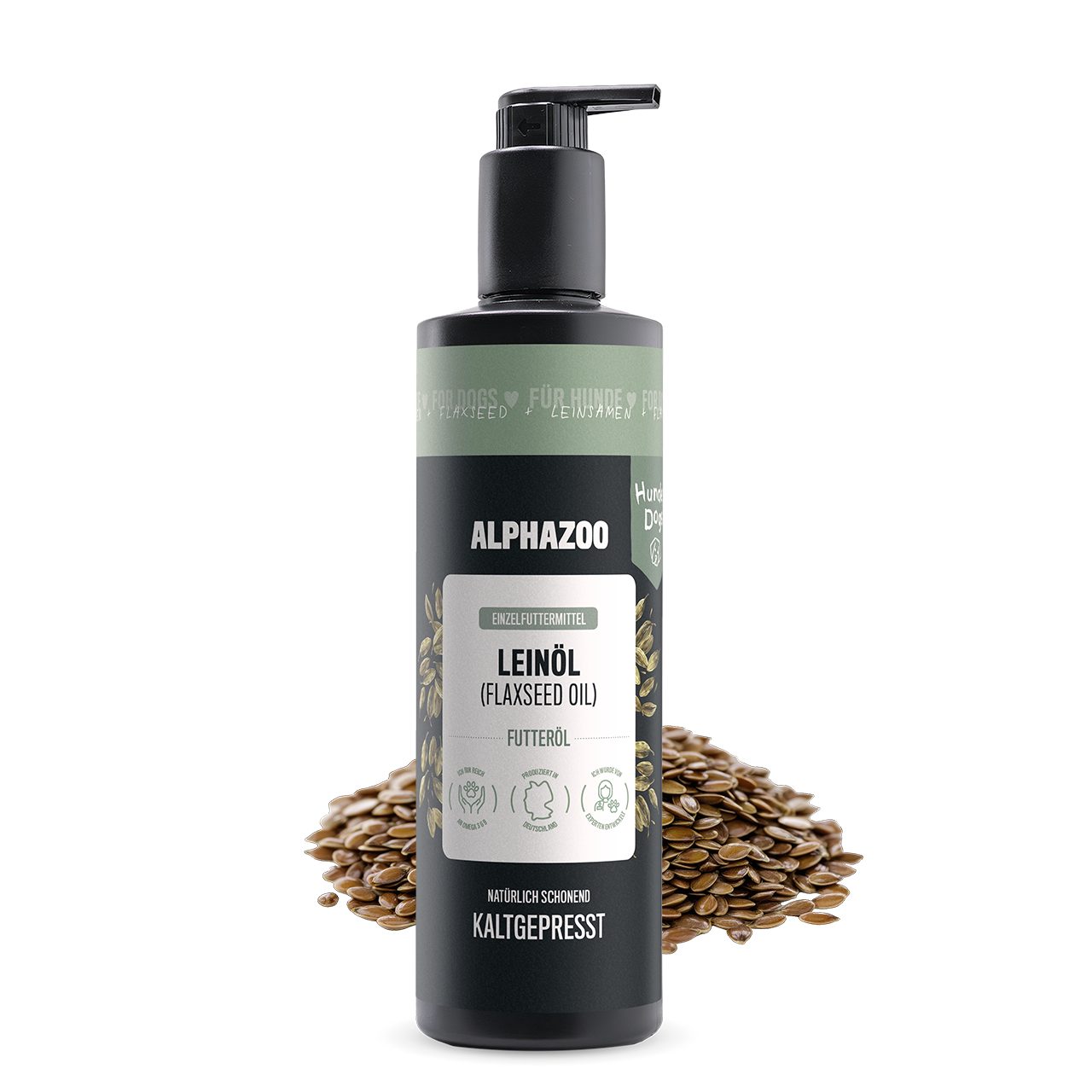 ALPHAZOO Leinöl für Hunde 500ml, Premium Omega-3 Futteröl für Haut und Fell, Ergänzungsfutter für: Hunde, Ideal für BARF und Verdauung