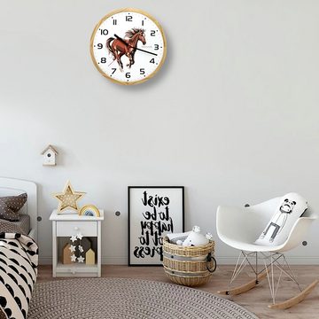 Holzwerk Wanduhr Holzwerk BELLA Kinder Holz Wand Uhr mit Pferde Motiv, weiß, braun