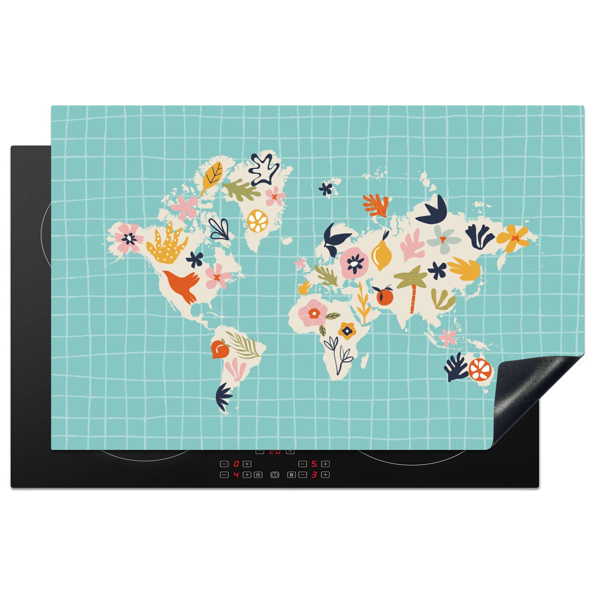 MuchoWow Herdblende-/Abdeckplatte Weltkarte - Blumen - Matisse, Vinyl, (1 tlg), 81x52 cm, Induktionskochfeld Schutz für die küche, Ceranfeldabdeckung