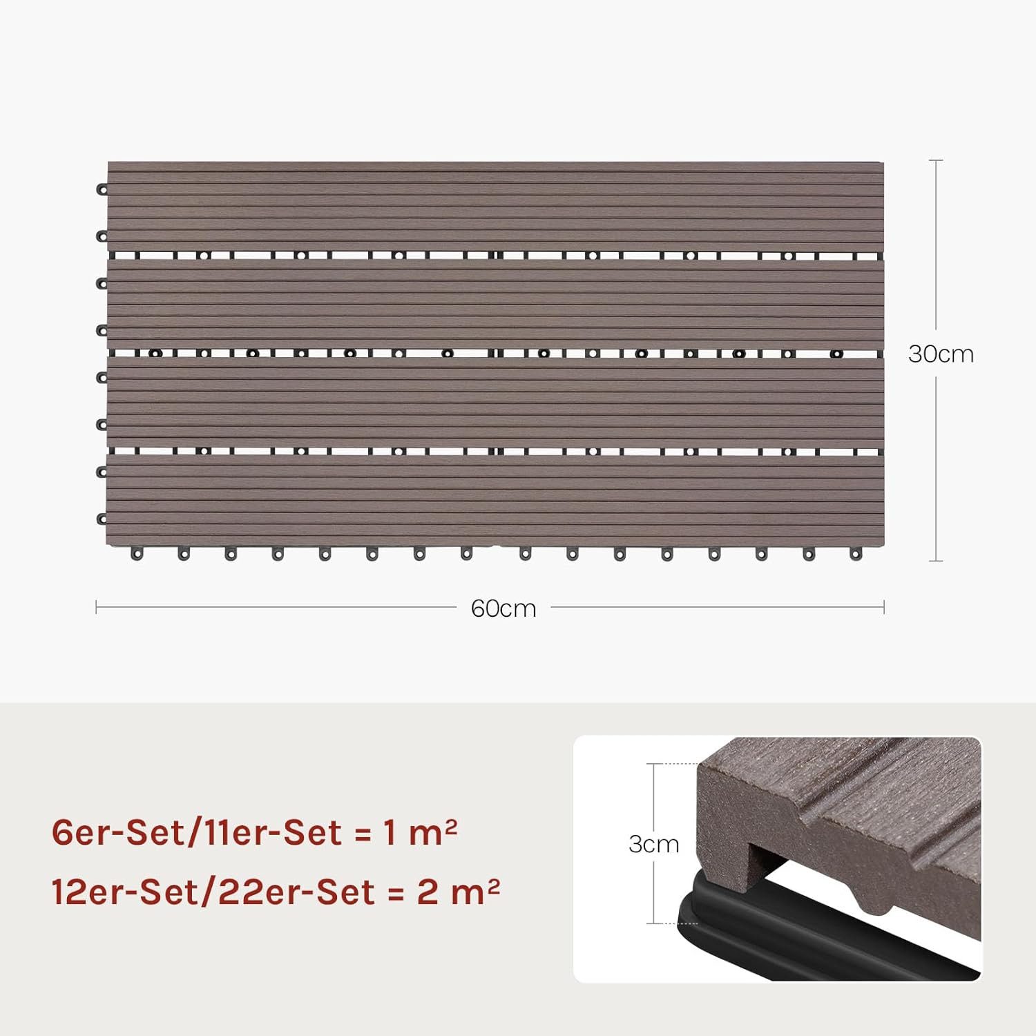 Woltu WPC-Fliesen, 6 St., Terrassendielen Holz-Optik 30x60cm mit klicksystem