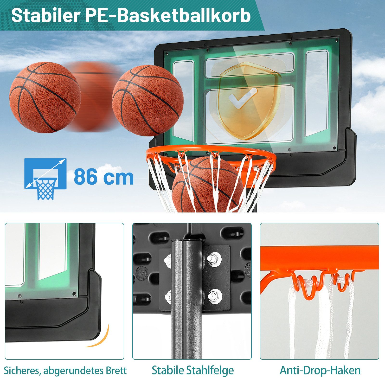 COSTWAY Basketballständer Basketballkorb, 90-210cm höhenverstellbar, Rädern
