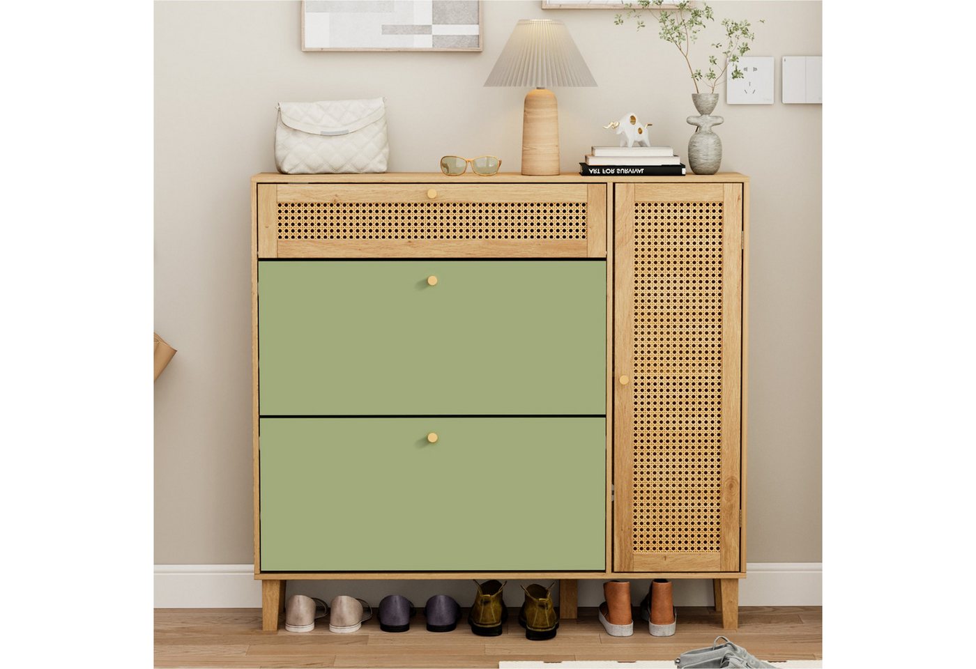 UEV Schuhschrank mit 2 Klappen & 2 Fächern, 24cm tief, verstellbare Trennwände & Ablage (Schuhschrank mit Kippschutz) moderne Schuhkommode, Schuhkipper für verschiedene Schuhtypen