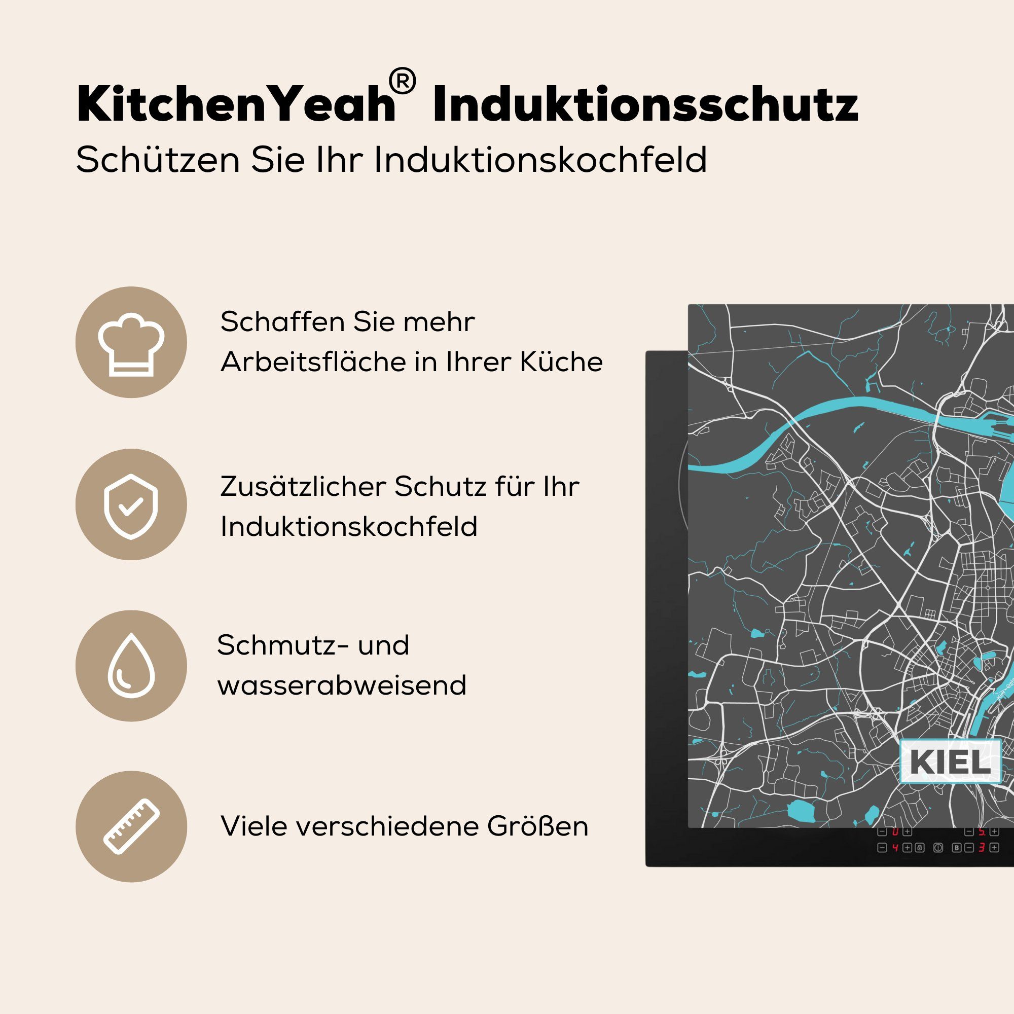 MuchoWow Herdblende-/Abdeckplatte 78x78 küche für - - Arbeitsplatte cm, Kiel Deutschland Ceranfeldabdeckung, Stadtplan Vinyl, - Karte, (1 tlg)