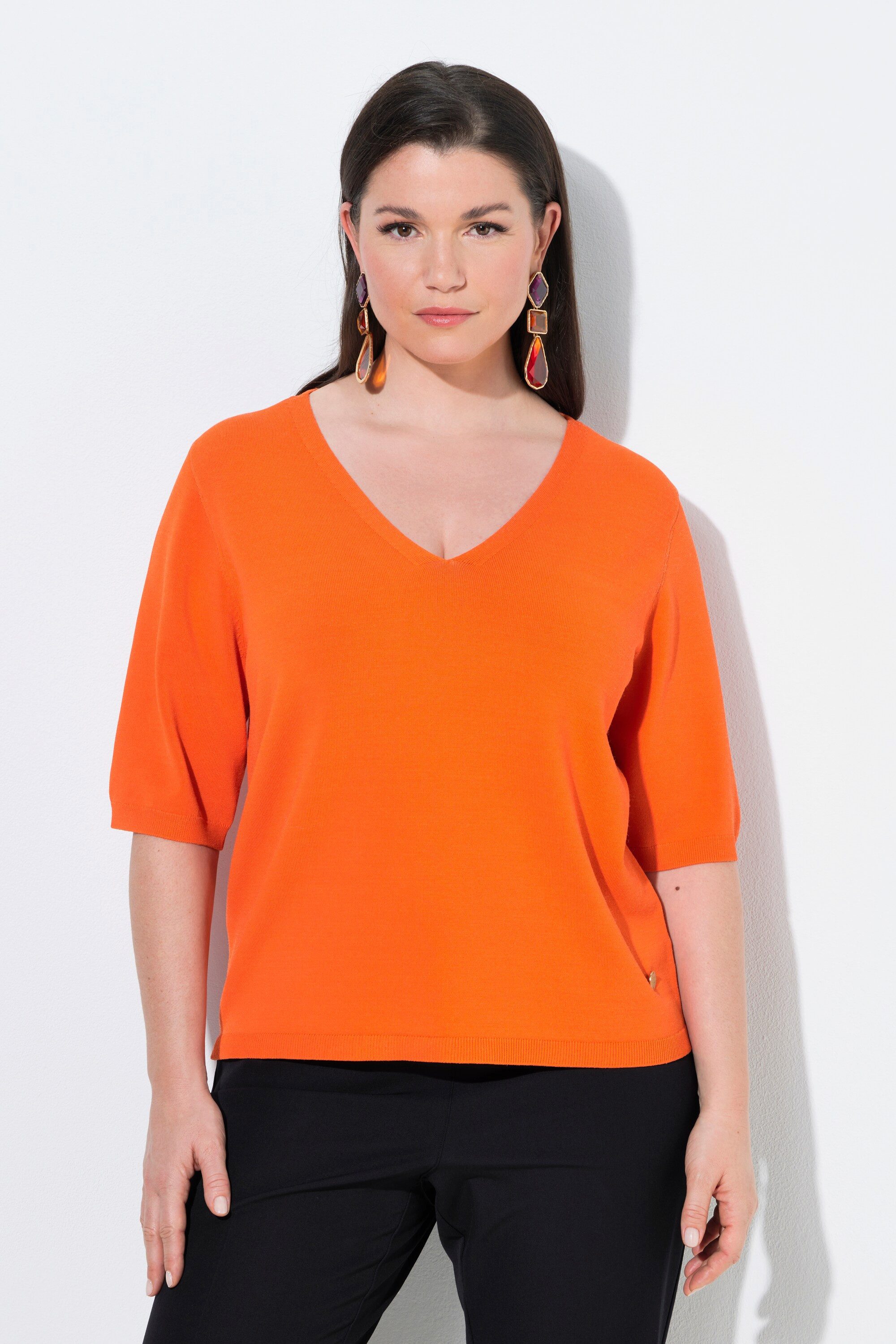 Ulla Popken Strickpullover Pullover elastischer Saum V-Ausschnitt Halbarm günstig online kaufen