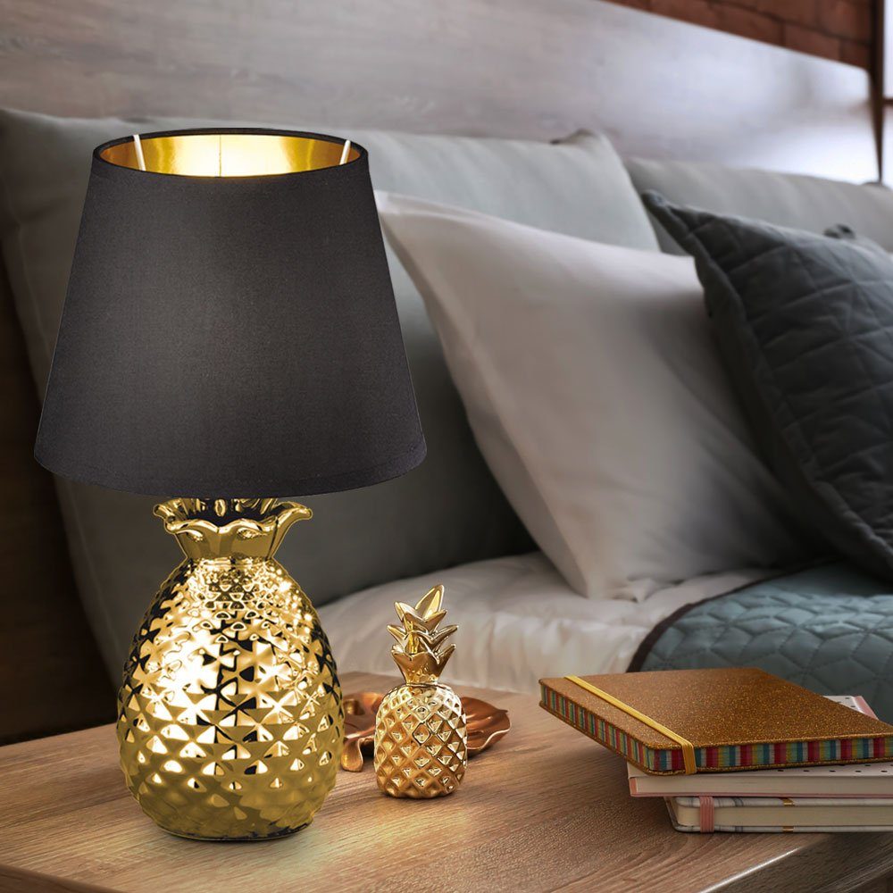 SCHWARZ Lampe Leuchtmittel Warmweiß, Tisch Nacht etc-shop Tischleuchte, Textil Ananas inklusive, LED Schreib GOLD Design-