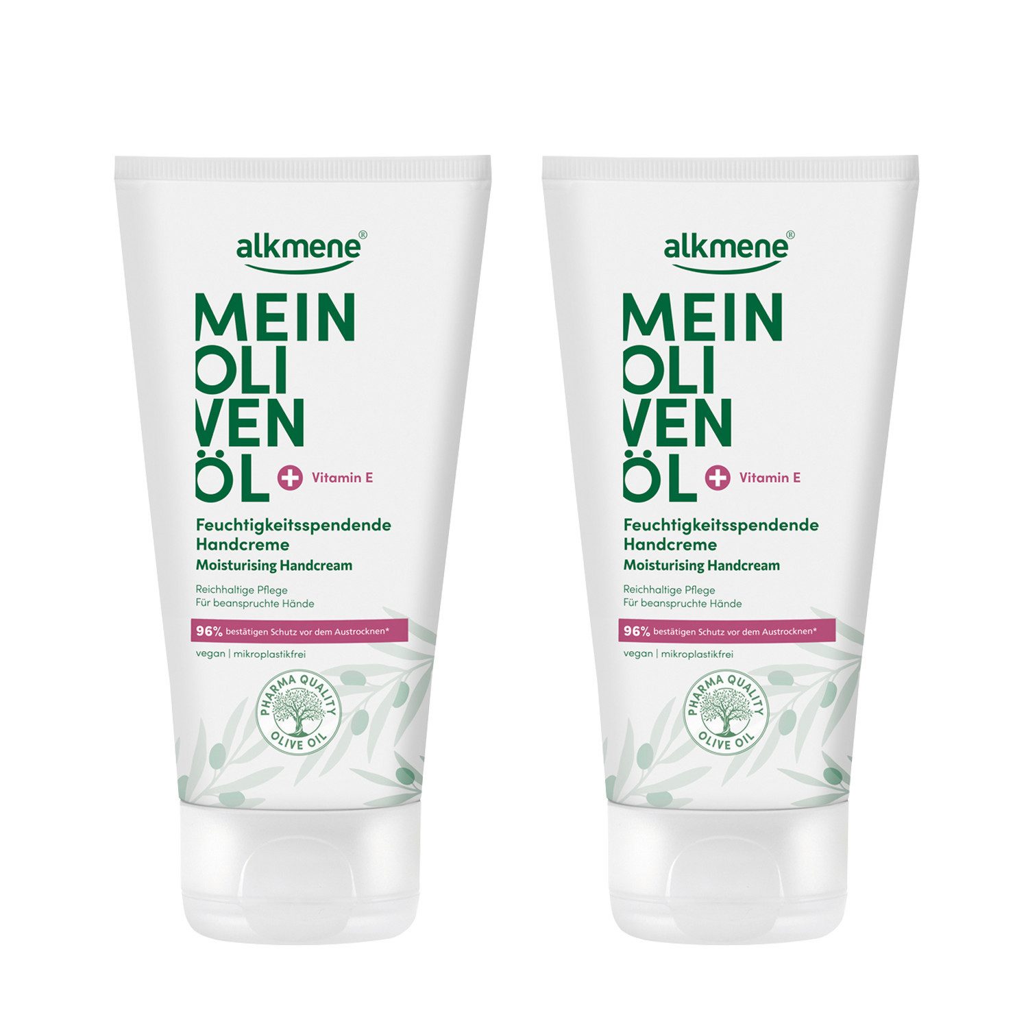 alkmene Handcreme Handcreme für trockene Haut 150 ml, Feuchtigkeit spendend, Olivenöl, 2-tlg.