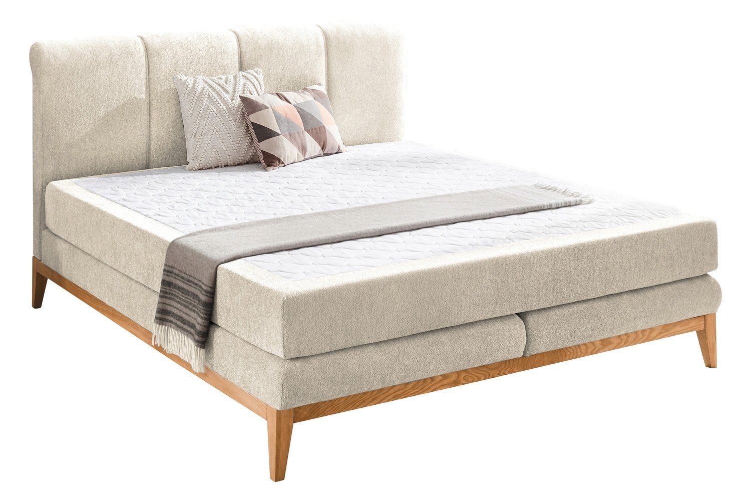 Sun Garden Boxspringbett WEIMAR, 180 H2 Härtegrad Eichenholzgestell, ohne Webstoffbezug, 200 Topper, Creme, x cm