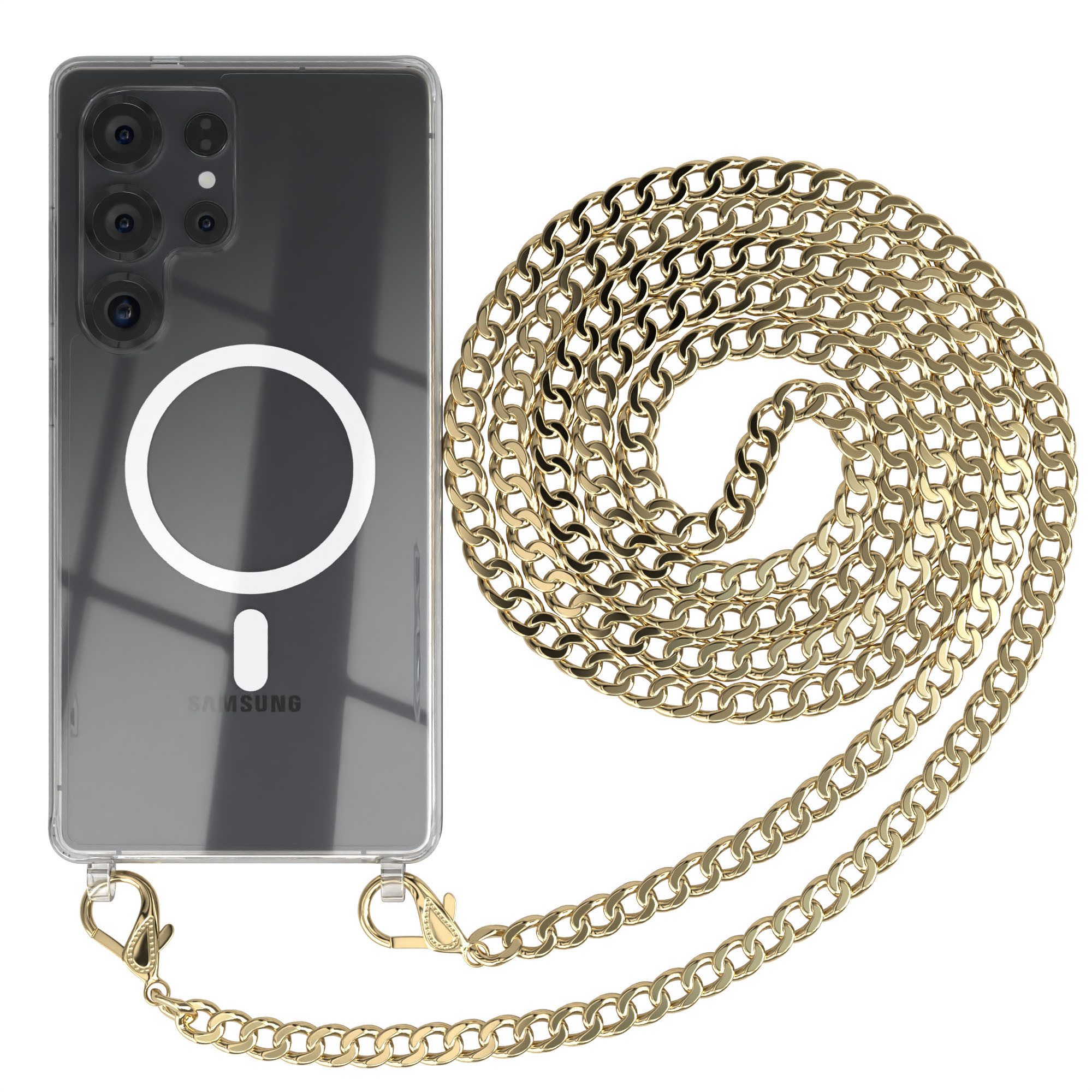 EAZY CASE Handykette mit Magsafe Hülle für Galaxy S25 Ultra 6,9 Zoll, Handyhülle Transparent Smartphonekette für Unterwegs Necklace in Gold