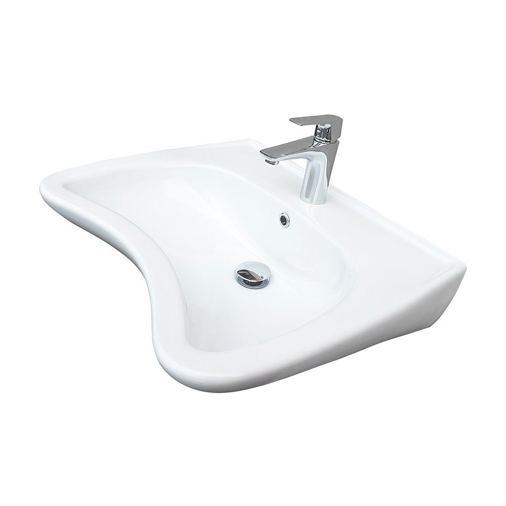 Belvit Waschbecken BV-BF1002 60,5 cm – Barrierefrei, behindertengerecht mit Hahnloch (1-St), Überlauf, Sanitärkeramik, Wandmontage, ideal für Bad & WC, weiß