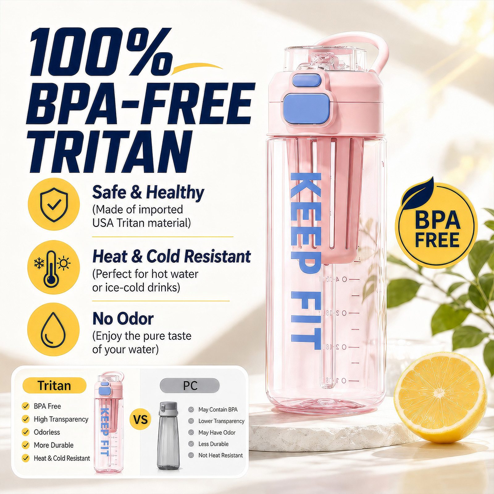 BlingBin Trinkflasche Auslaufsicher Wasserflasche 750ml, Sport Flasche mit Strohhalm, Trinkflasche mit Fruchteinsatz für Arbeit, Wandern, Yoga, Schule – Bild 5 von 5