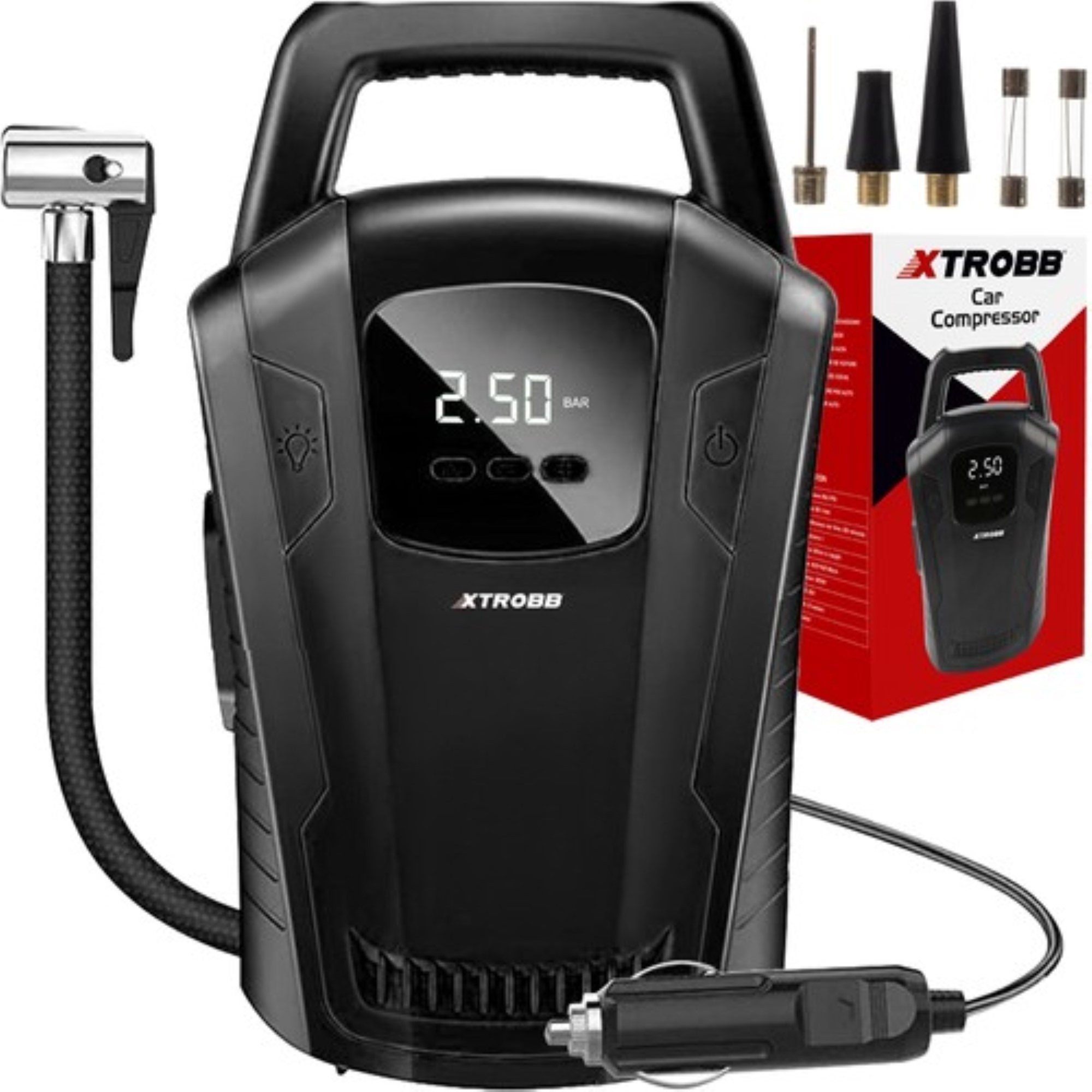 XTROBB Kompressor Turbo Pro: Kompakter Autokompressor mit LCD-Anzeige & Taschenlampe, 120 W, max. 10,00 bar, Autokompressor-Set, Akku Kompressor mit 2 Sicherungen und 3 Pumpspitzen