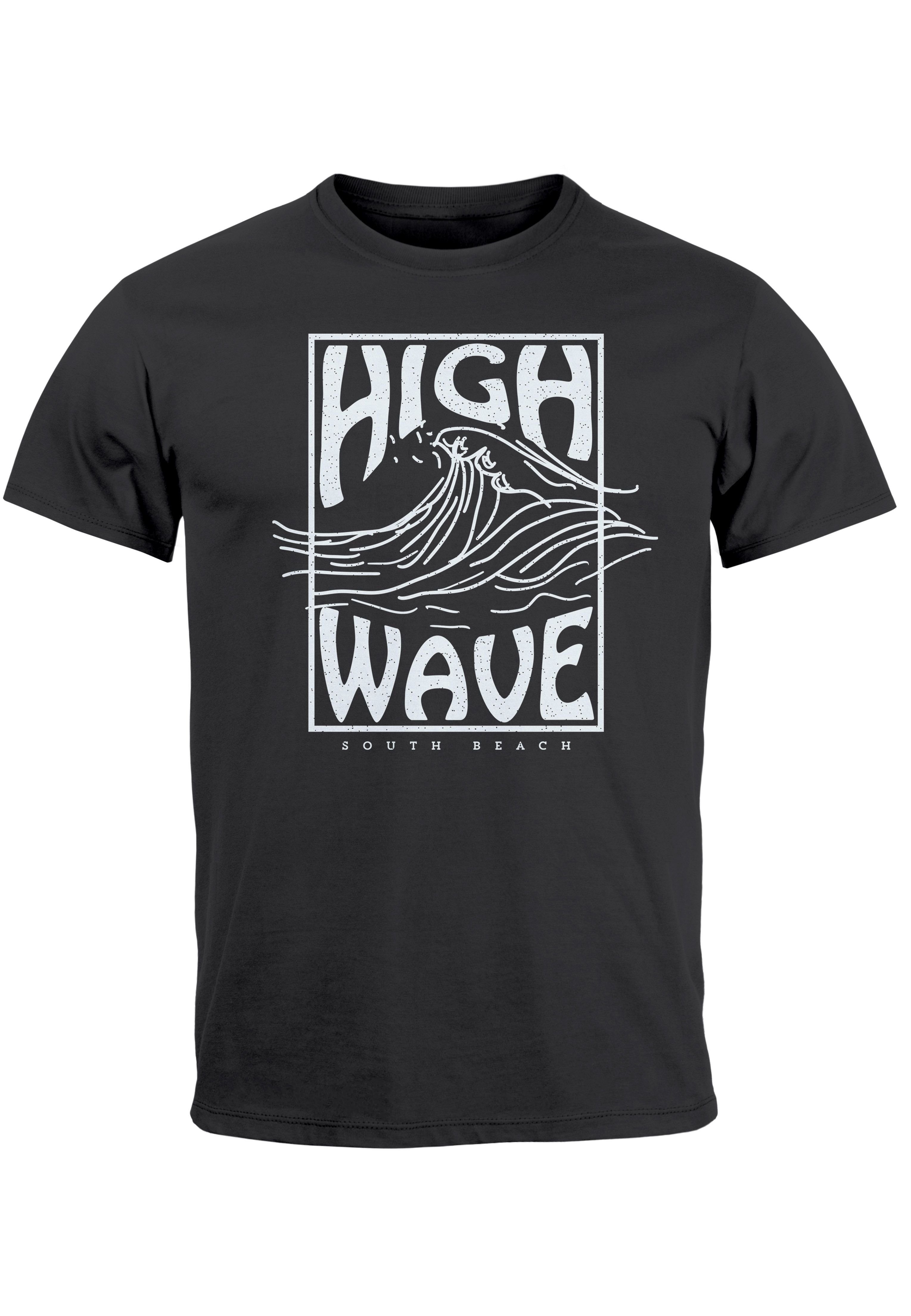Neverless Print-Shirt Herren T-Shirt High Wave Welle Schrift Line Art Logo Surfing Aufdruck mit Print anthrazit