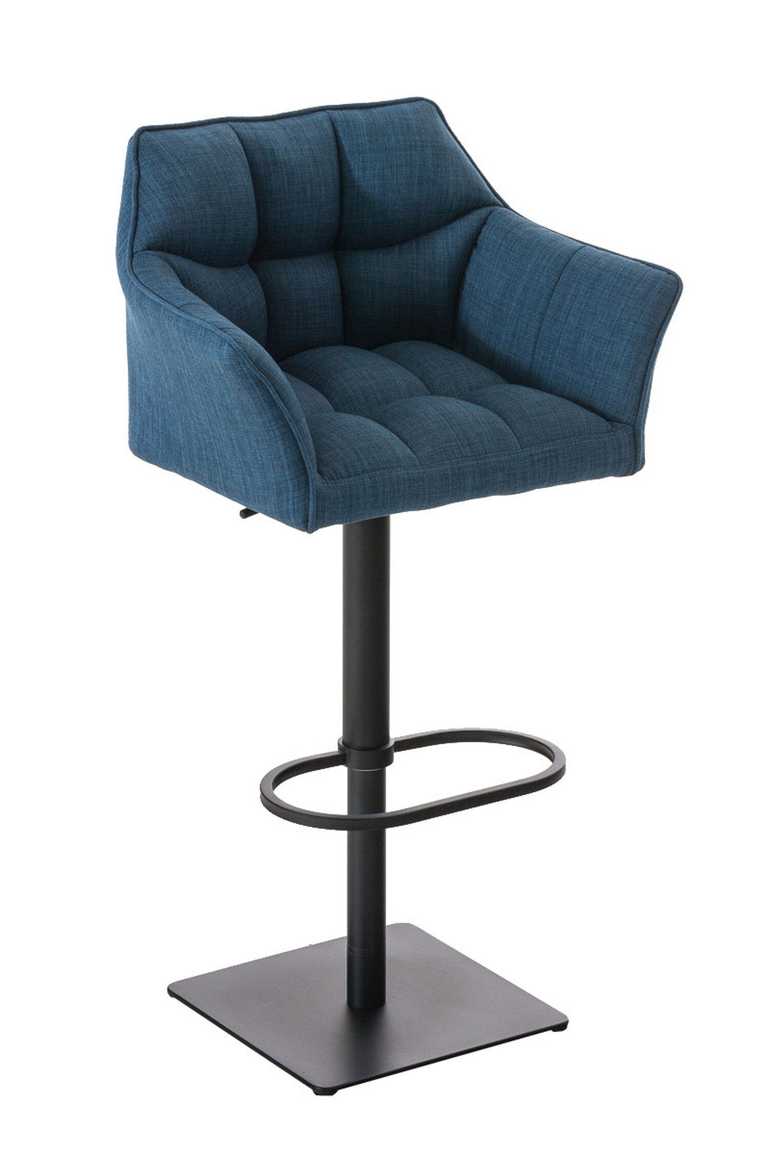TPFLiving Barhocker Damaso (mit Rückenlehne und Fußstütze - Hocker für Theke & Küche), 360° drehbar - Metall schwarz matt - Sitzfläche: Stoff Blau