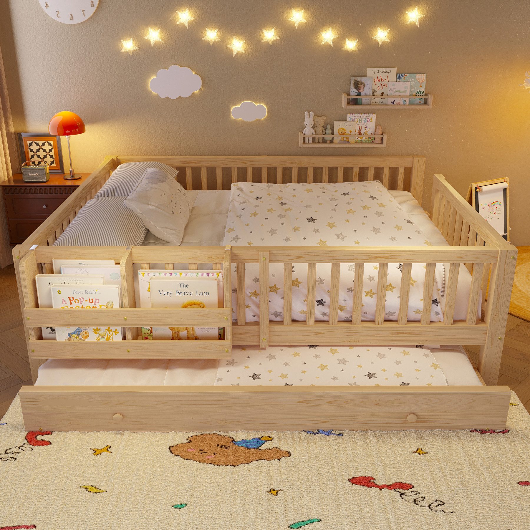 Flieks Massivholzbett, Kinderbett 140x200cm mit Ausziehbett 90x190cm, Ablagefächer, Geländer