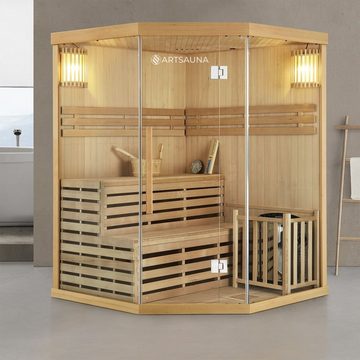 Artsauna Sauna Espoo150 Premium, 50 mm, für 3 Personen, Hemlock Holz, Harvia Ofen, Sanduhr, Thermo-Hygrometer