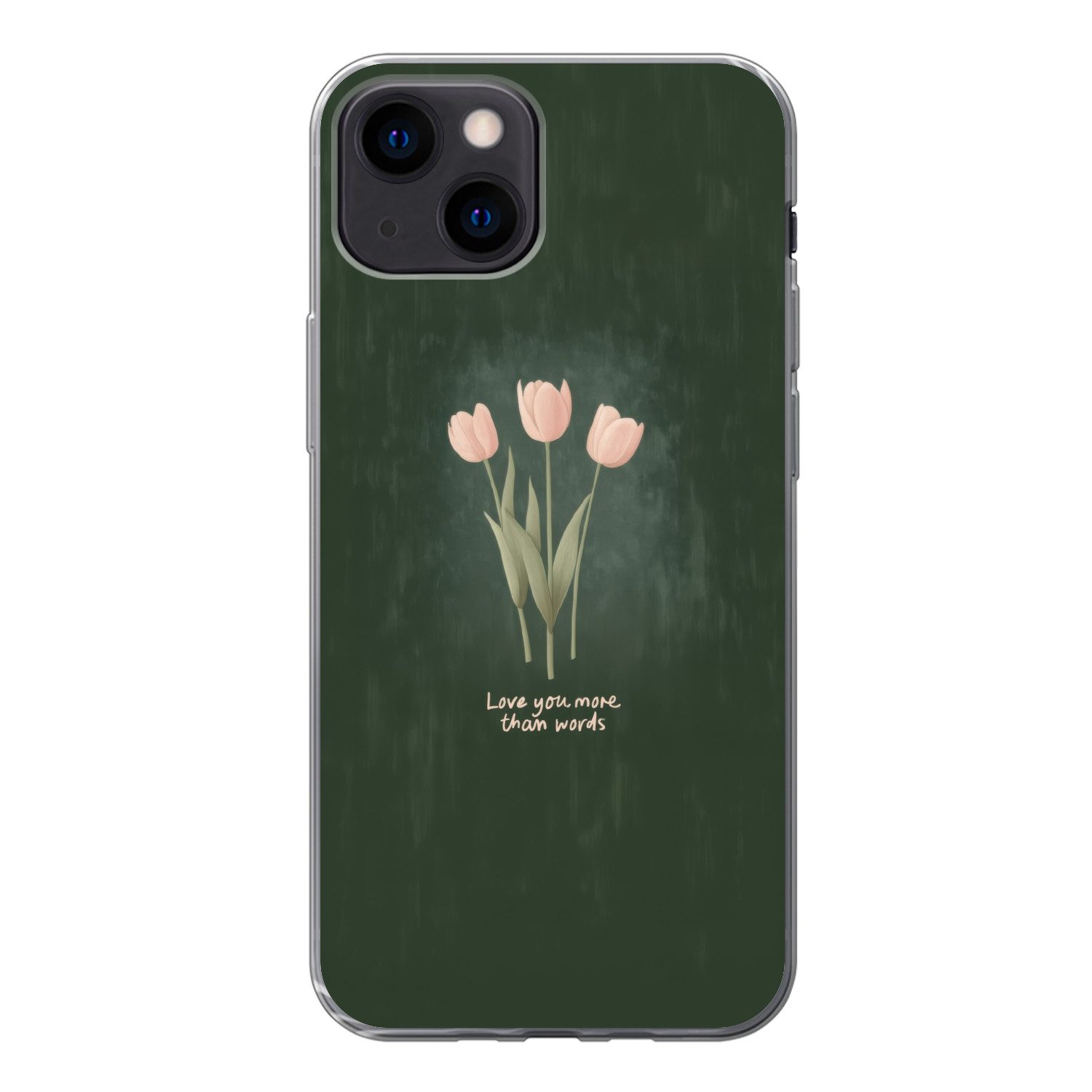 MuchoWow Handyhülle für Apple iPhone 13 mini Tulpen - Rosa - Text - Liebe, Smartphone-Bumper, Print, Handy Schutzhülle Dünn