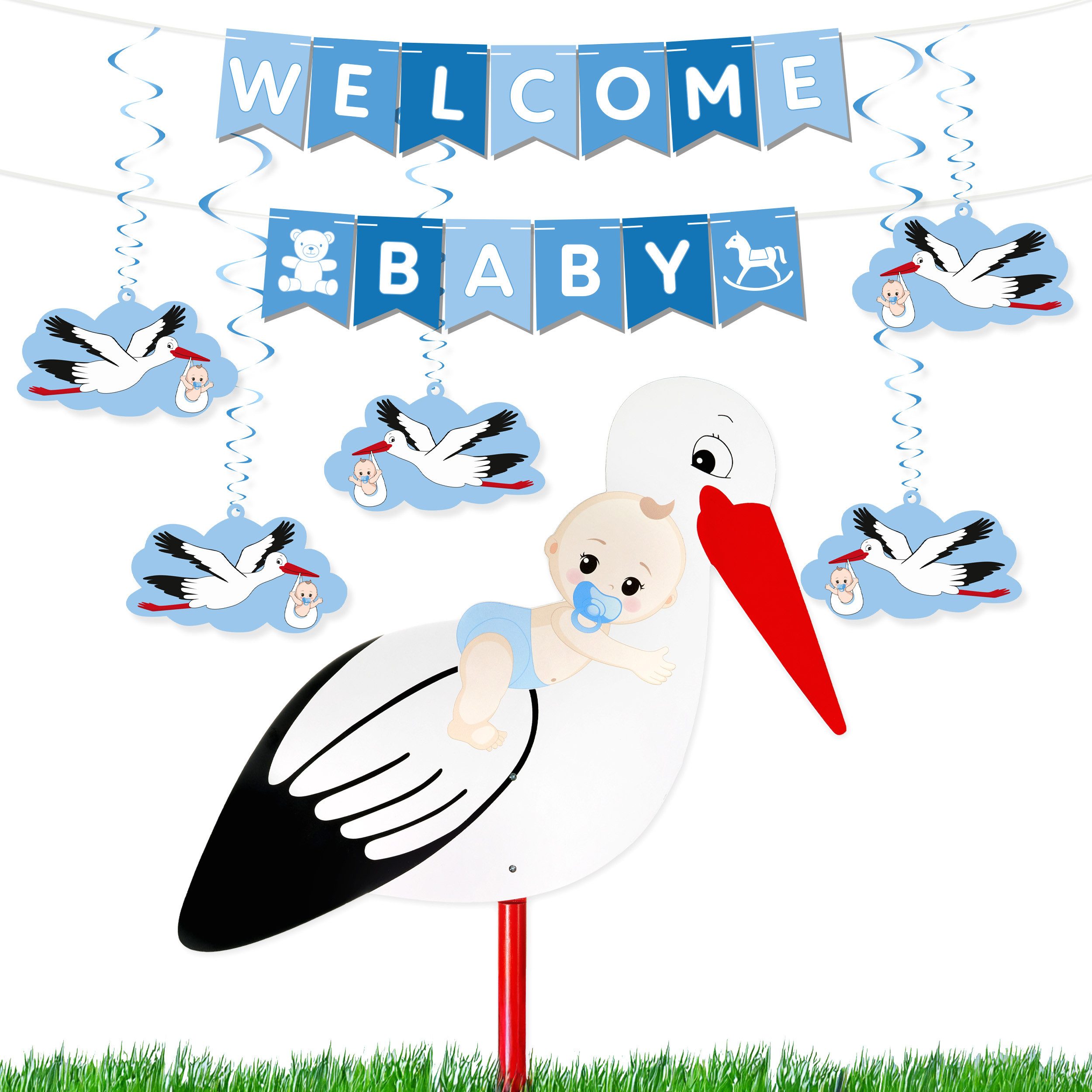 BRUBAKER Girlande Welcome Baby Girlande + Großer Storch aus Holz für Jungen und Mädchen, Baby Deko Set - Wimpelkette mit Anhängern und Klapperstorch Dekoration