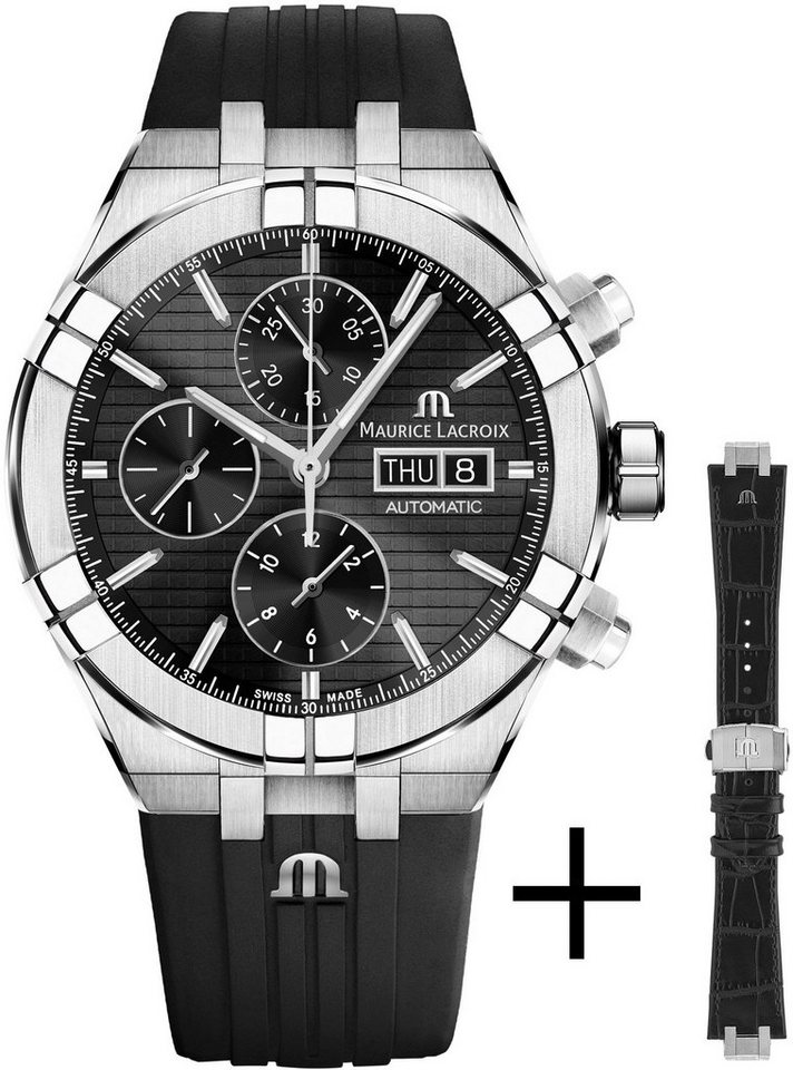 MAURICE LACROIX Chronograph Aikon Chronograph, AI6038-SS00B-330-2, (Set, 2- tlg., Uhr mit schwarzem Wechselarmband aus Leder)