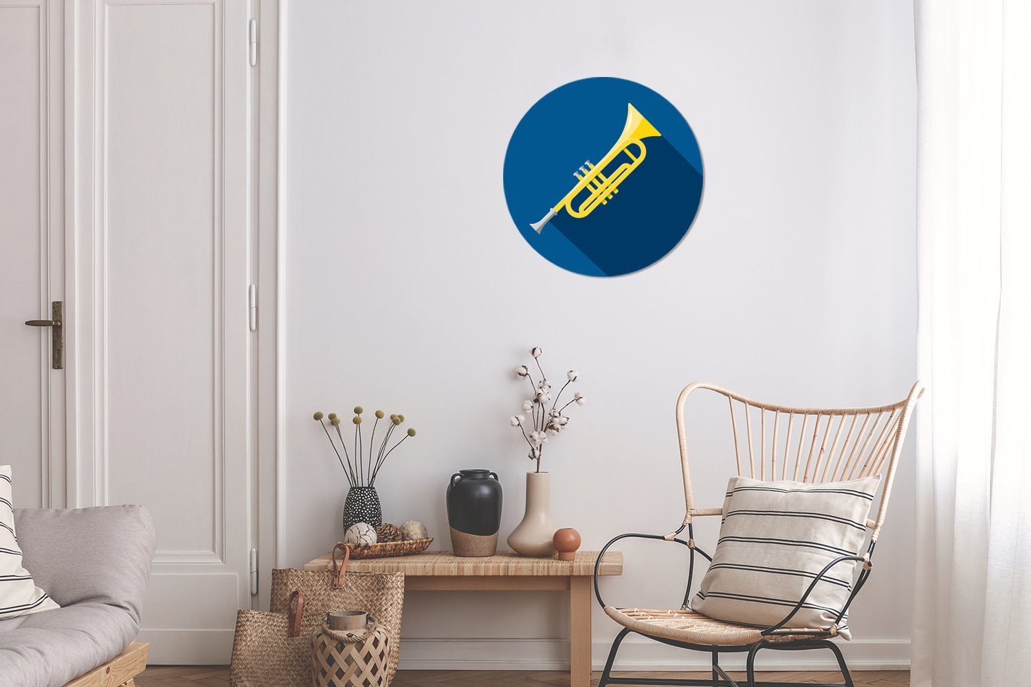 Tapetenkreis Tapetenaufkleber, Wandsticker einer für St), (1 blauem MuchoWow Illustration auf Wohnzimmer Trompete goldenen Rund, Hintergrund Kinderzimmer,
